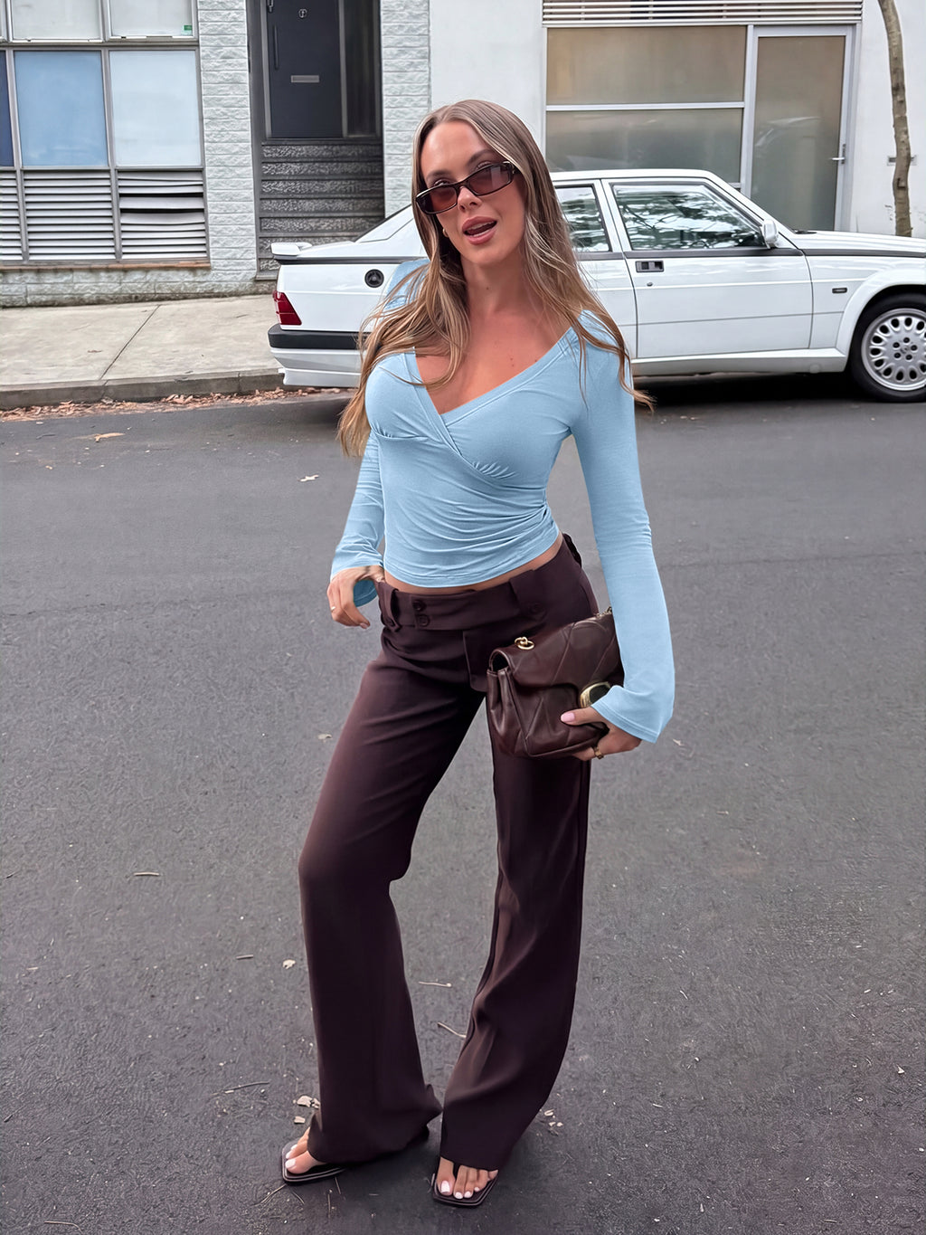 Wrap Deep V Neck Long Bell Sleeve Tops