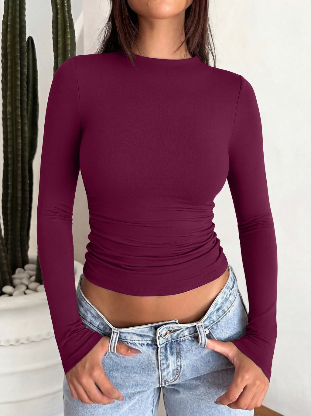Mock Neck Ruched Waist Ruched Tops for Business Casual
