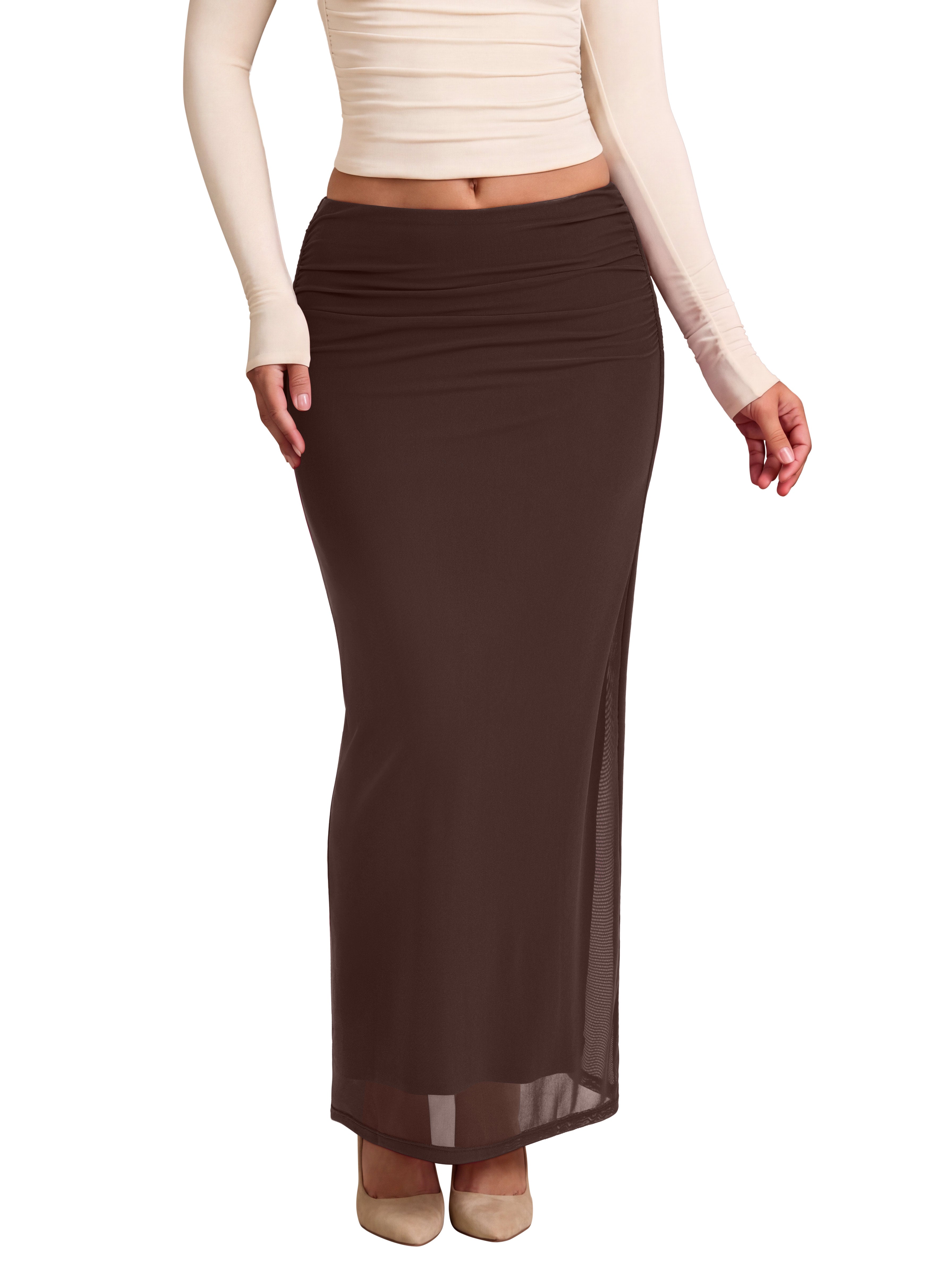 Ruched Mesh A-Line Maxi Skirt with Elastic Waist
