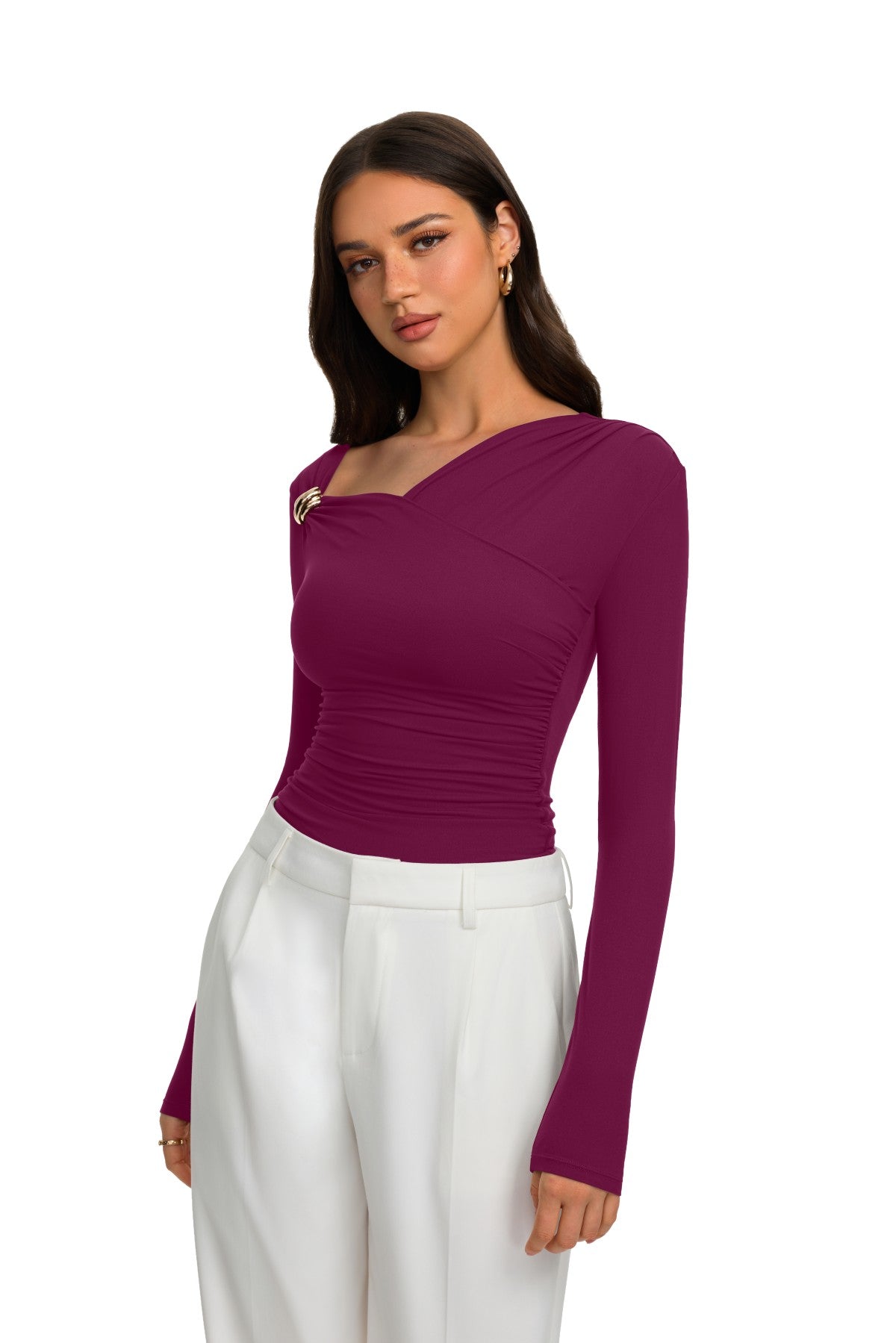 Asymmetrical Ruched Wrap Top with Gold Buckle