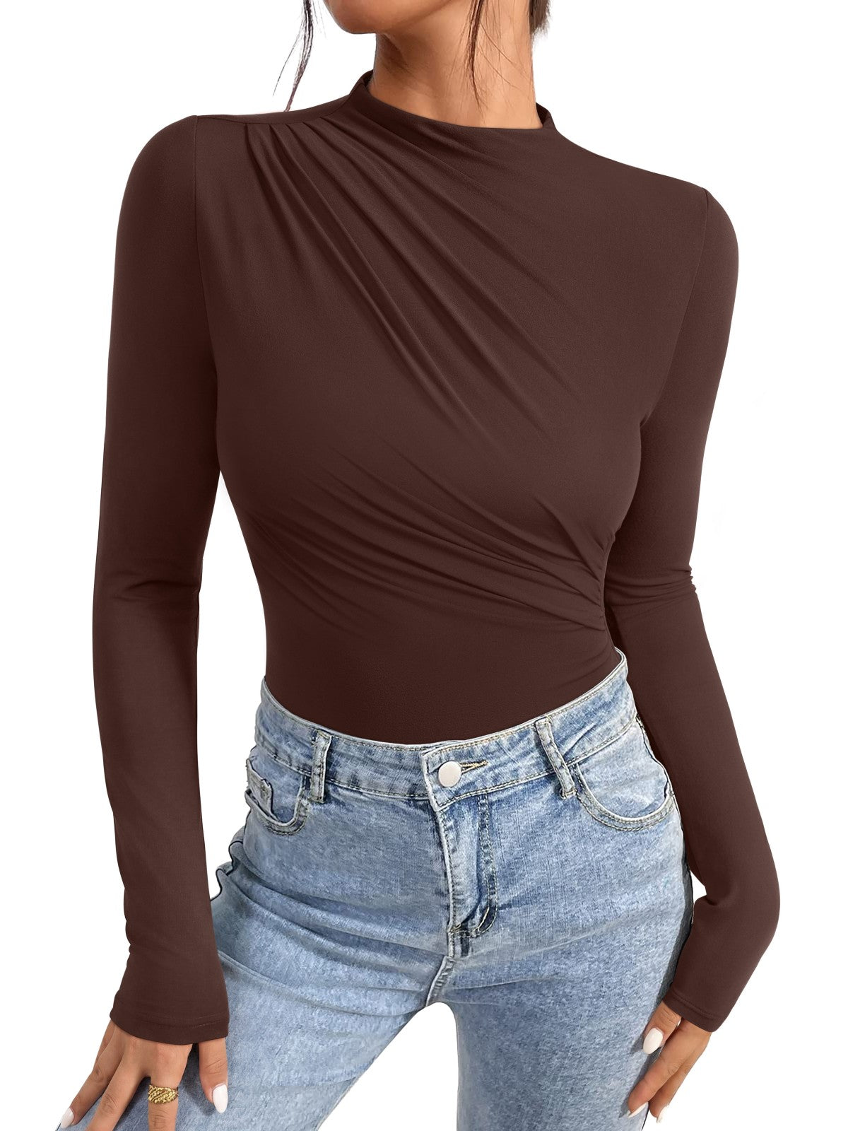 Ruched Basic Layering Mock Neck Slim Fit Bodysuit