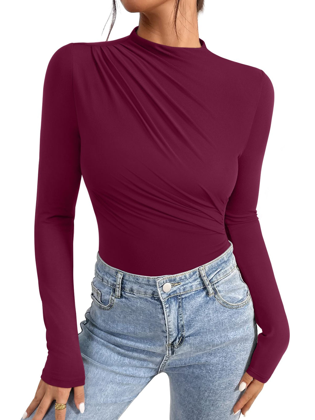 Ruched Basic Layering Mock Neck Slim Fit Bodysuit