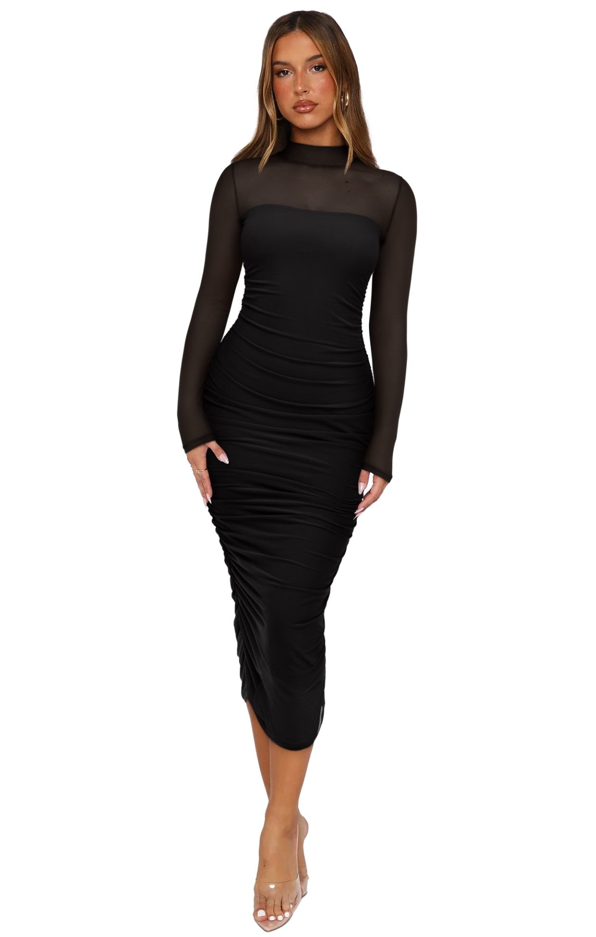 black mesh double ruched long sleeve bodycon dress YOGAFOX Women's Long Lantern Sleeve Wedding Guest Dress Bodycon Square Neck Mesh  Ruched Midi DressesBlack,XXL