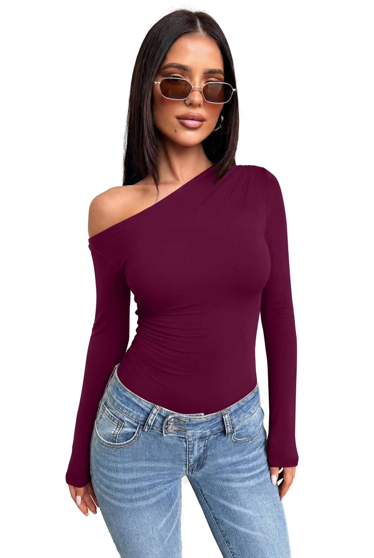 Off the Shoulder Long Sleeve Side Ruched Bodysuit