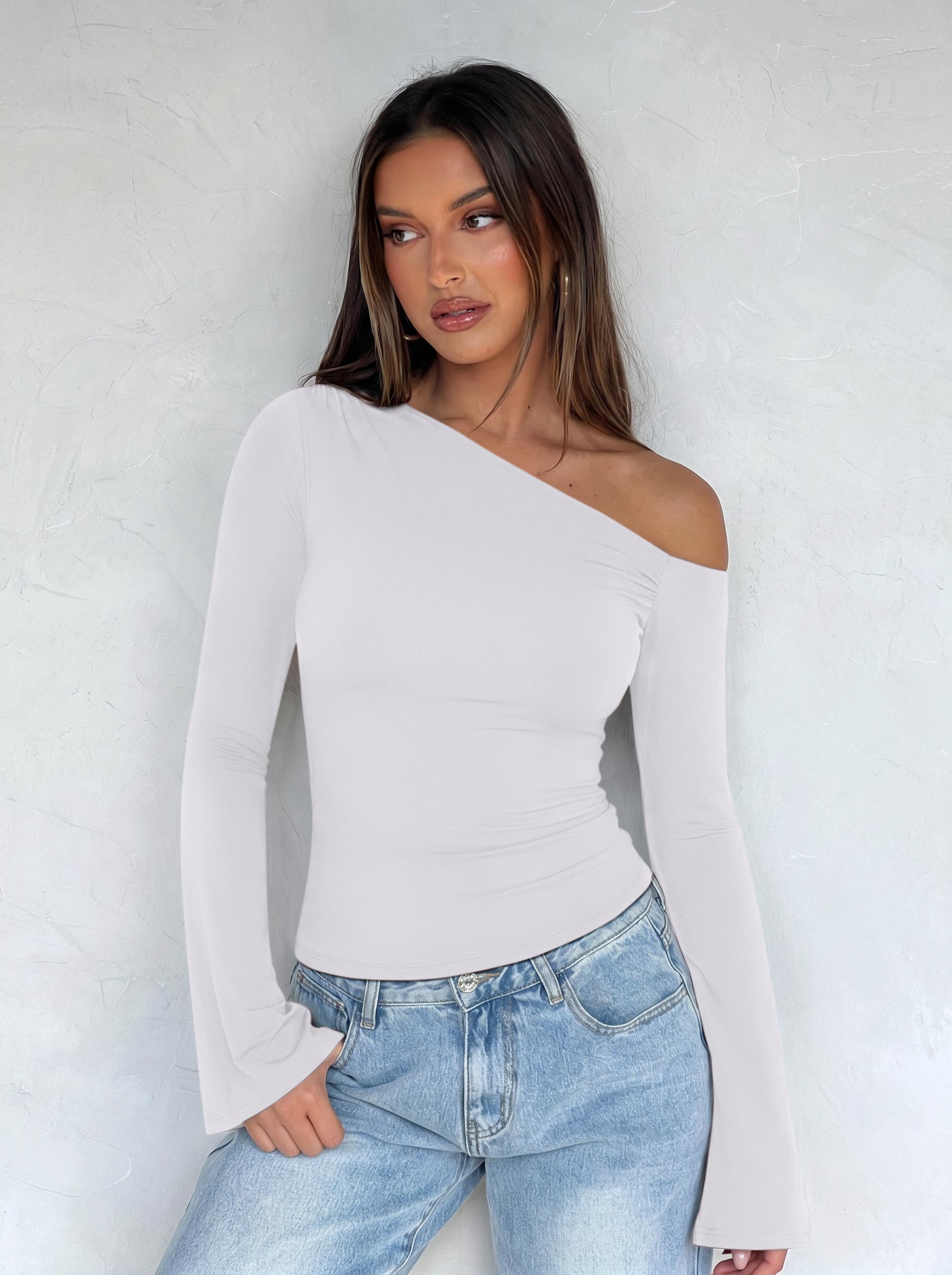 Off Shoulder Bell Sleeve Double Lined Slim Fit Top