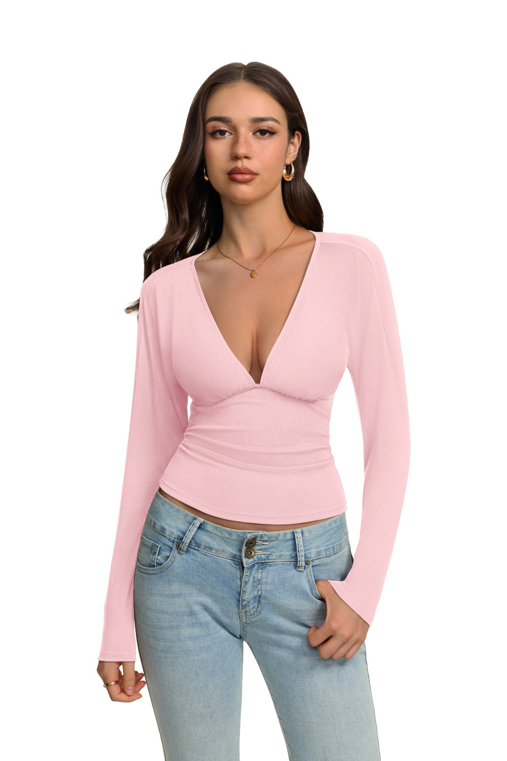 V Neck Ruched Batwing Sleeve Slim Fit Top