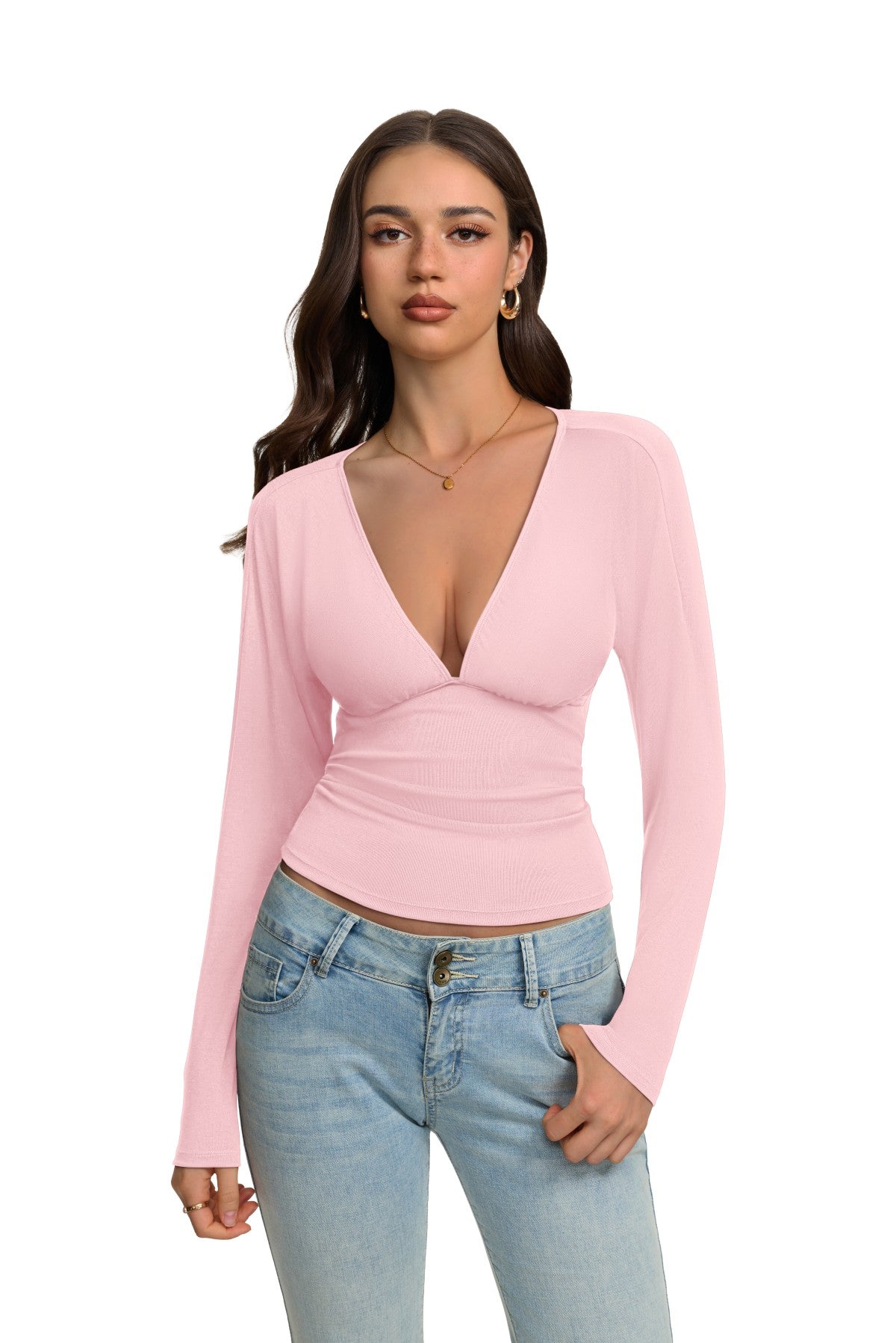 V Neck Ruched Batwing Sleeve Slim Fit Top