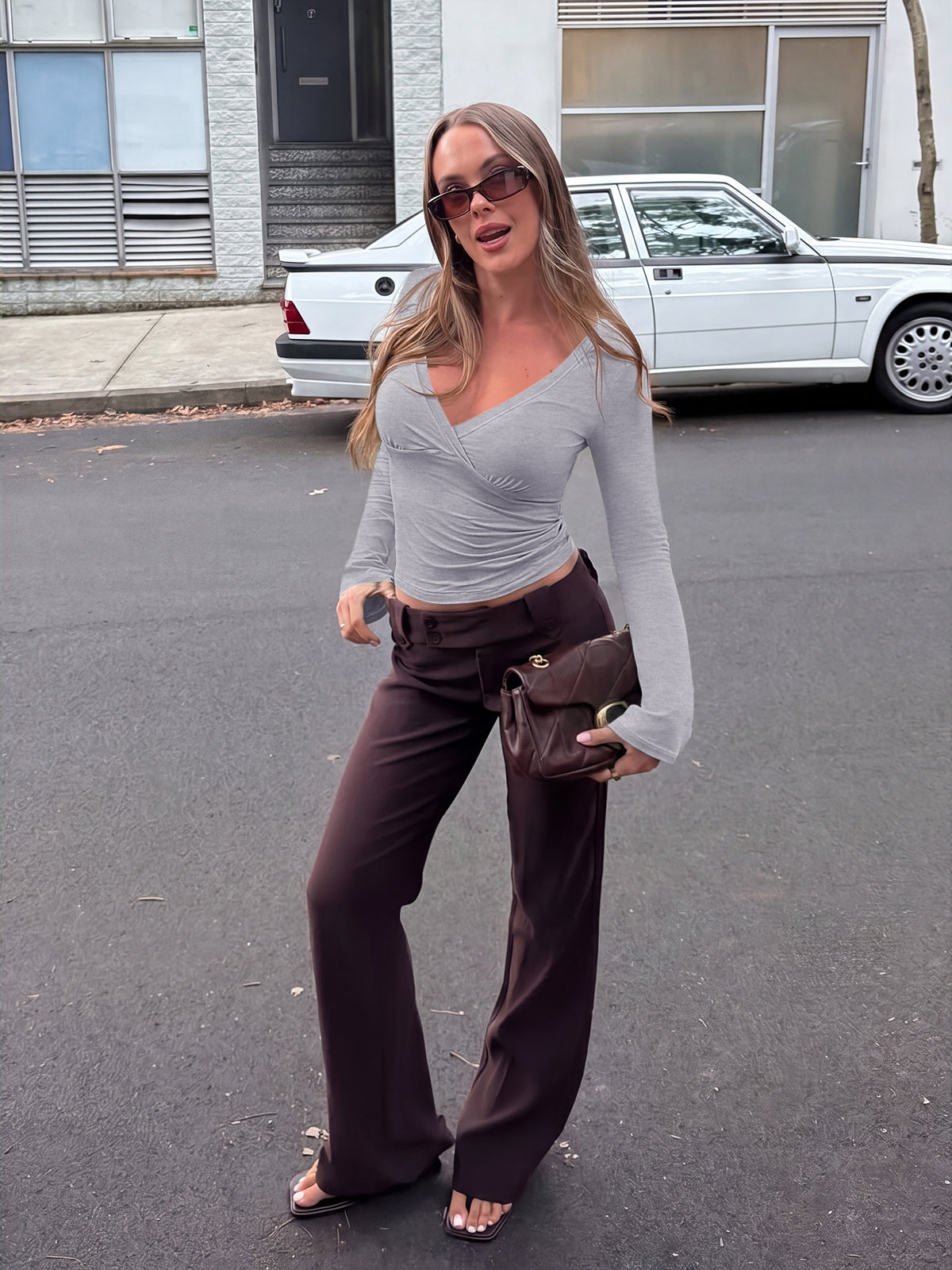 Wrap Deep V Neck Long Bell Sleeve Tops