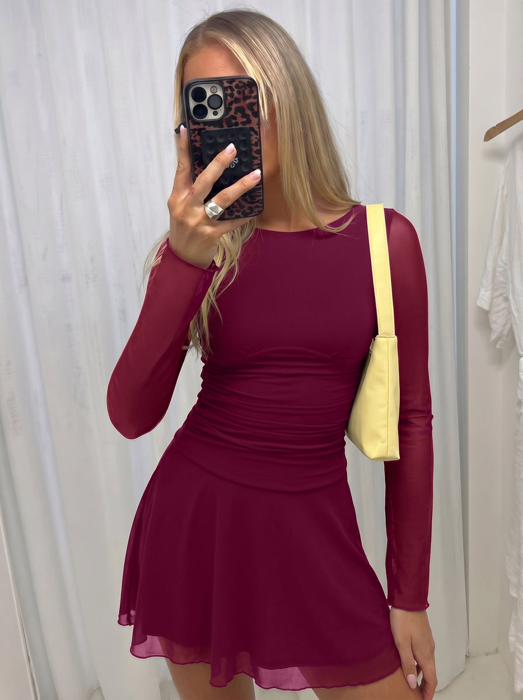 Women's Sheer Mesh Long Sleeve Mini Dress with Ruched Drop Waist