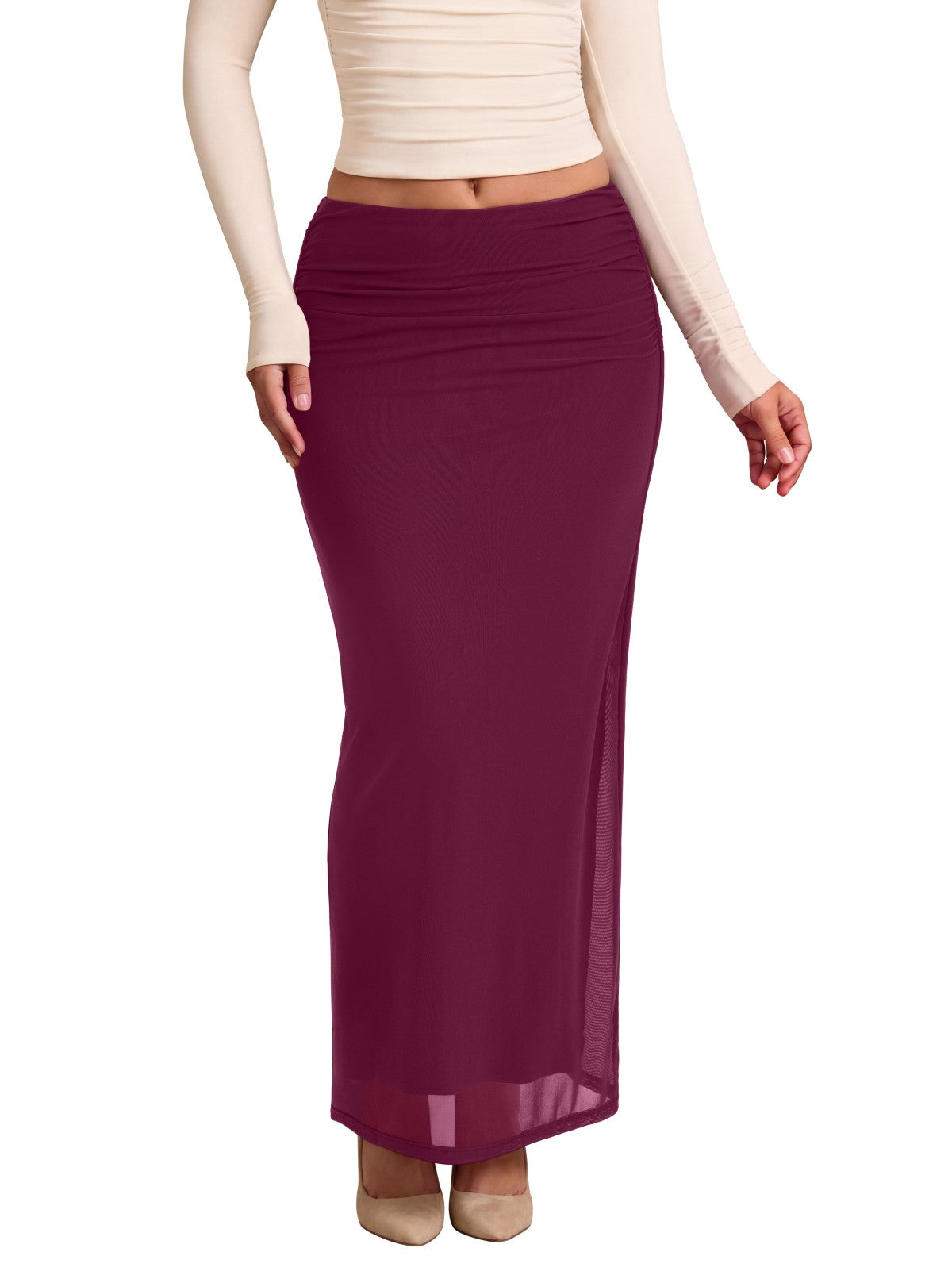 Ruched Mesh A-Line Maxi Skirt with Elastic Waist