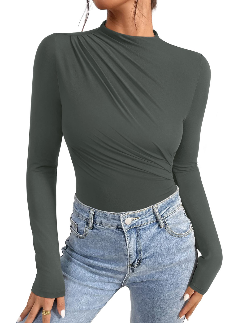 Ruched Basic Layering Mock Neck Slim Fit Bodysuit