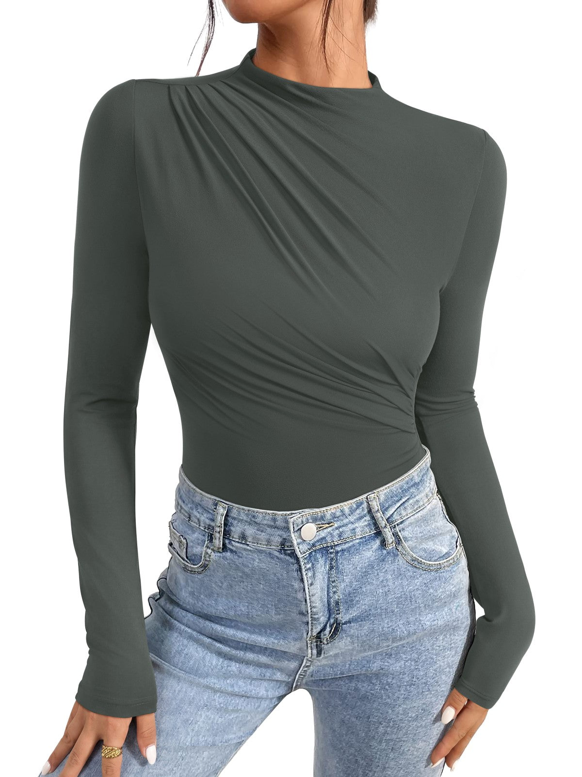 Ruched Basic Layering Mock Neck Slim Fit Bodysuit