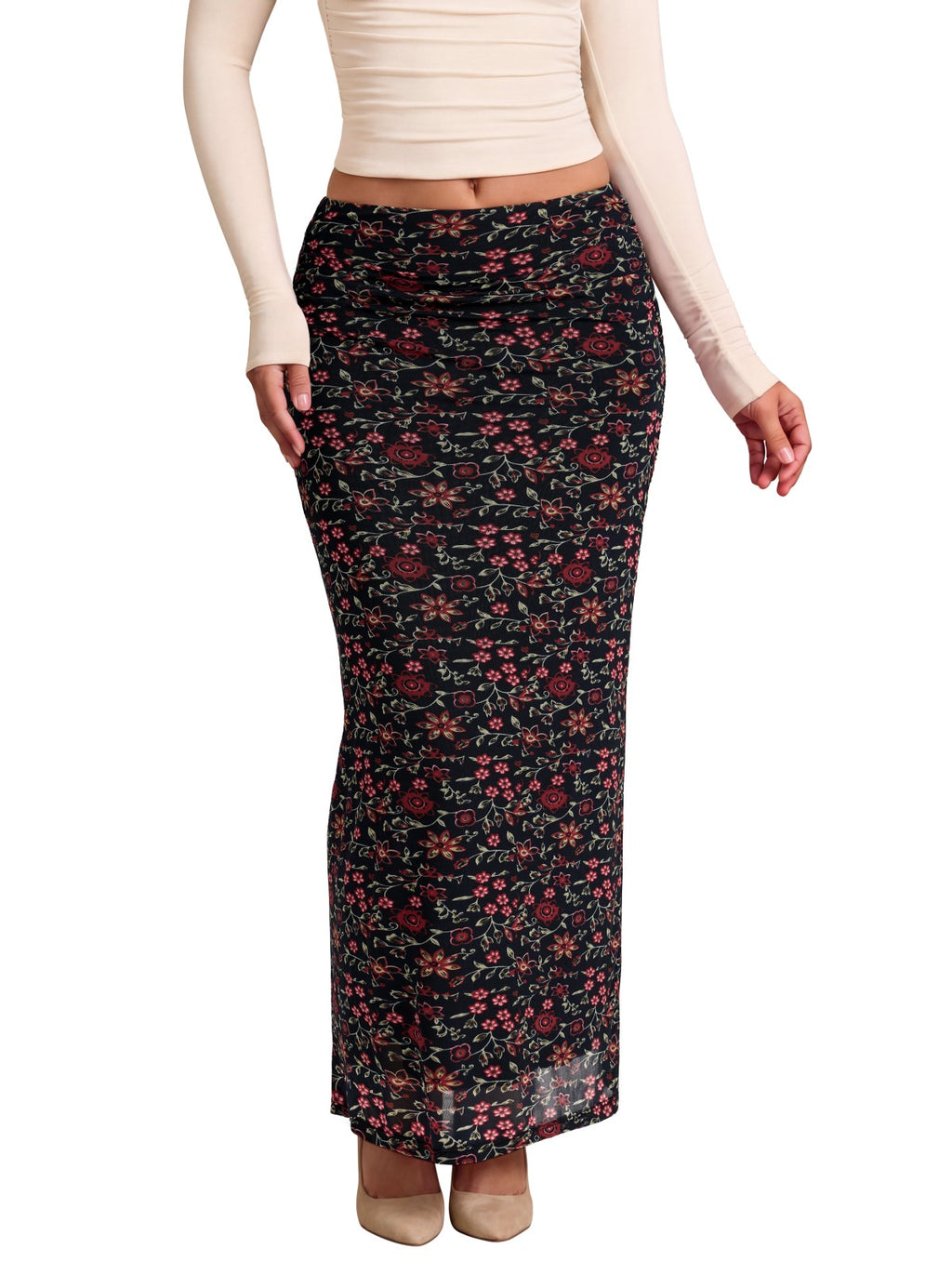 Ruched Mesh A-Line Maxi Skirt with Elastic Waist