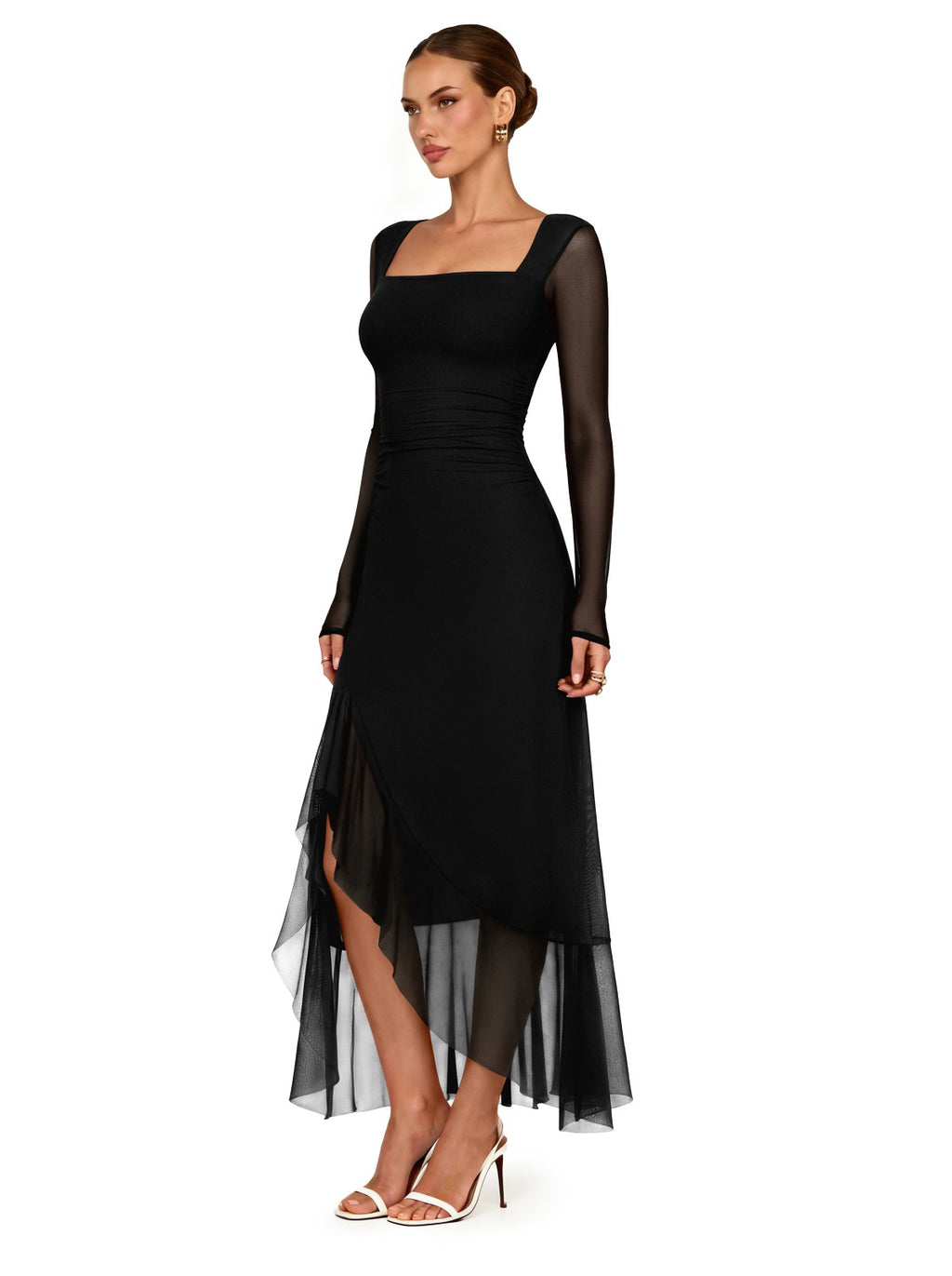 Square Neck Wedding Guest Maxi Dress | Ruched Mesh Sleeve Formal Dress