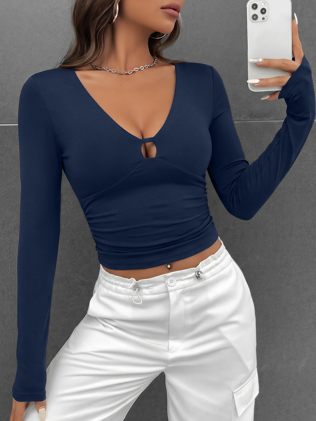 Sexy Cutout V Neck Long Sleeve Slim Fit Top