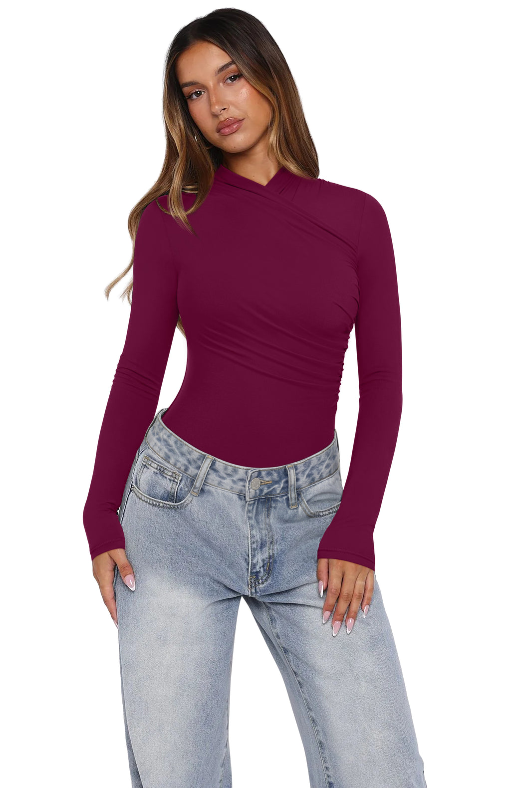 Mock Neck Ruched Sexy Wrap Bodysuit