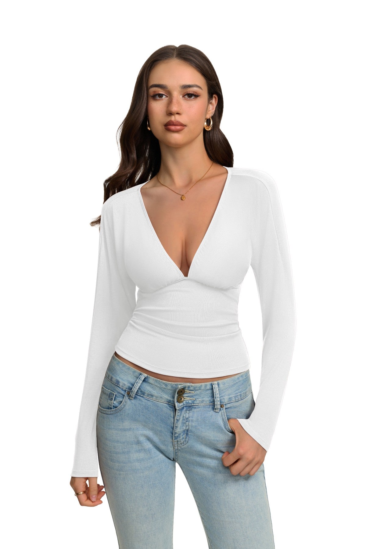 V Neck Ruched Batwing Sleeve Slim Fit Top