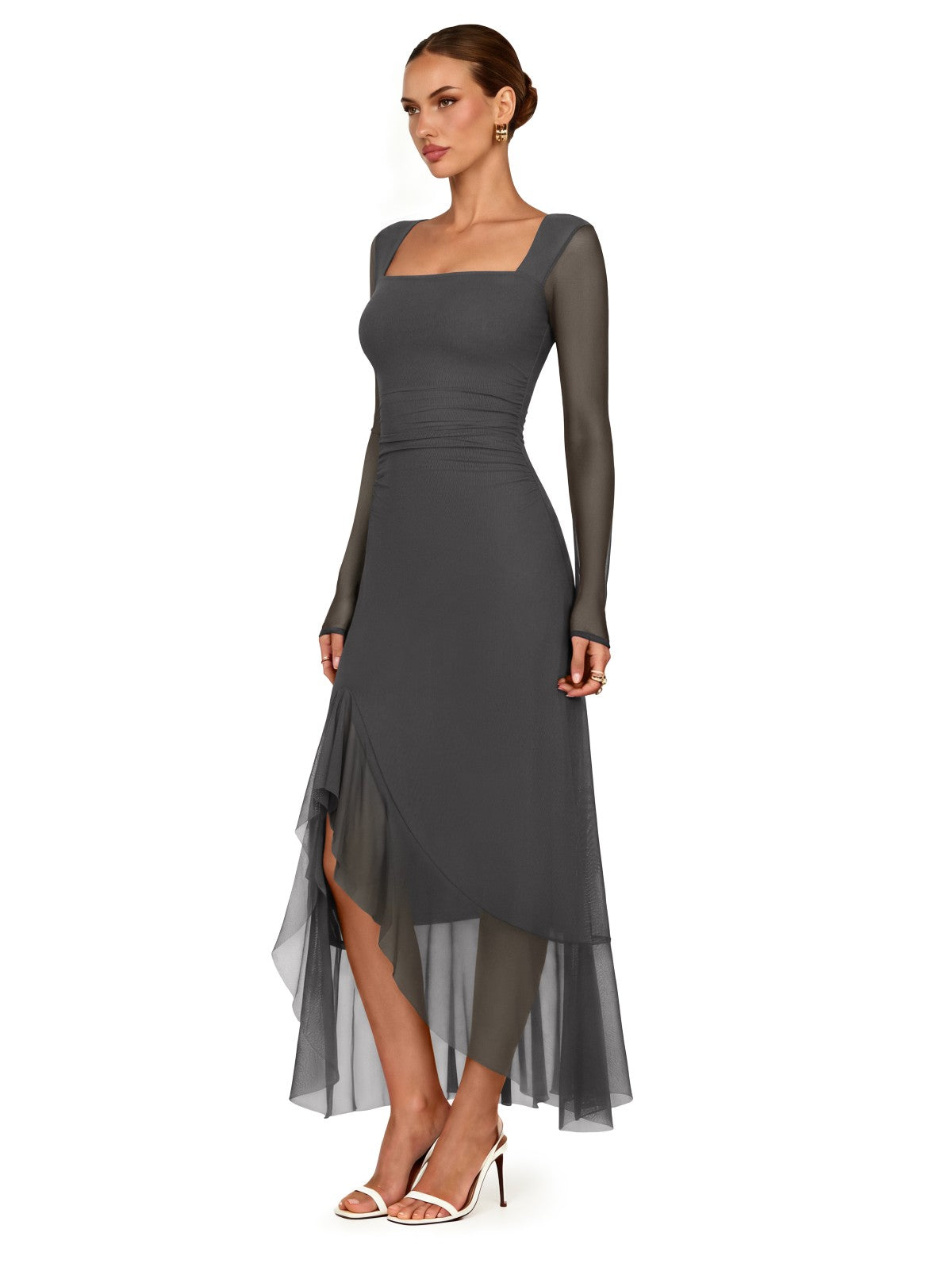 Square Neck Wedding Guest Maxi Dress | Ruched Mesh Sleeve Formal Dress