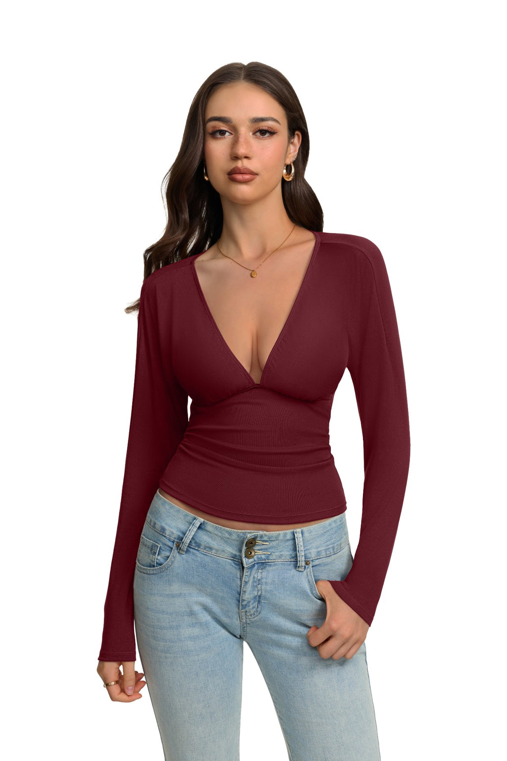 V Neck Ruched Batwing Sleeve Slim Fit Top