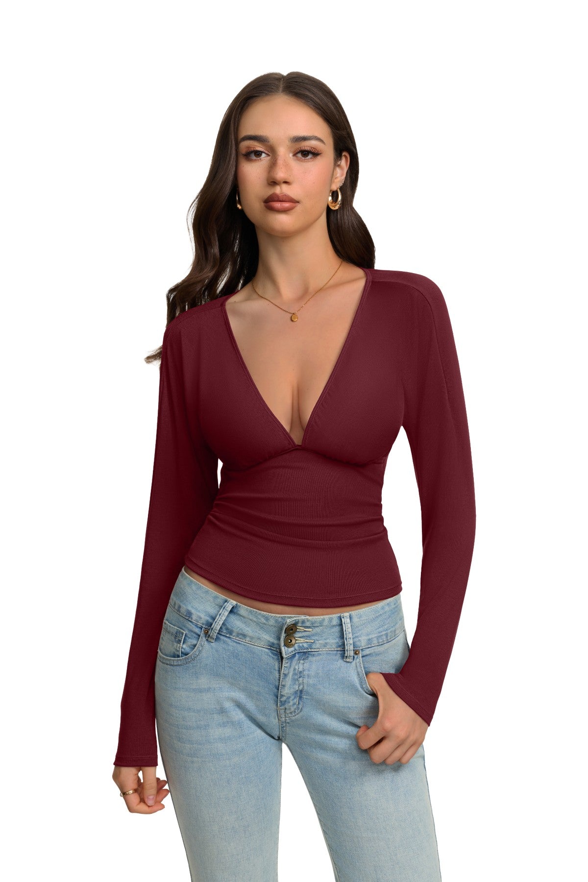 V Neck Ruched Batwing Sleeve Slim Fit Top