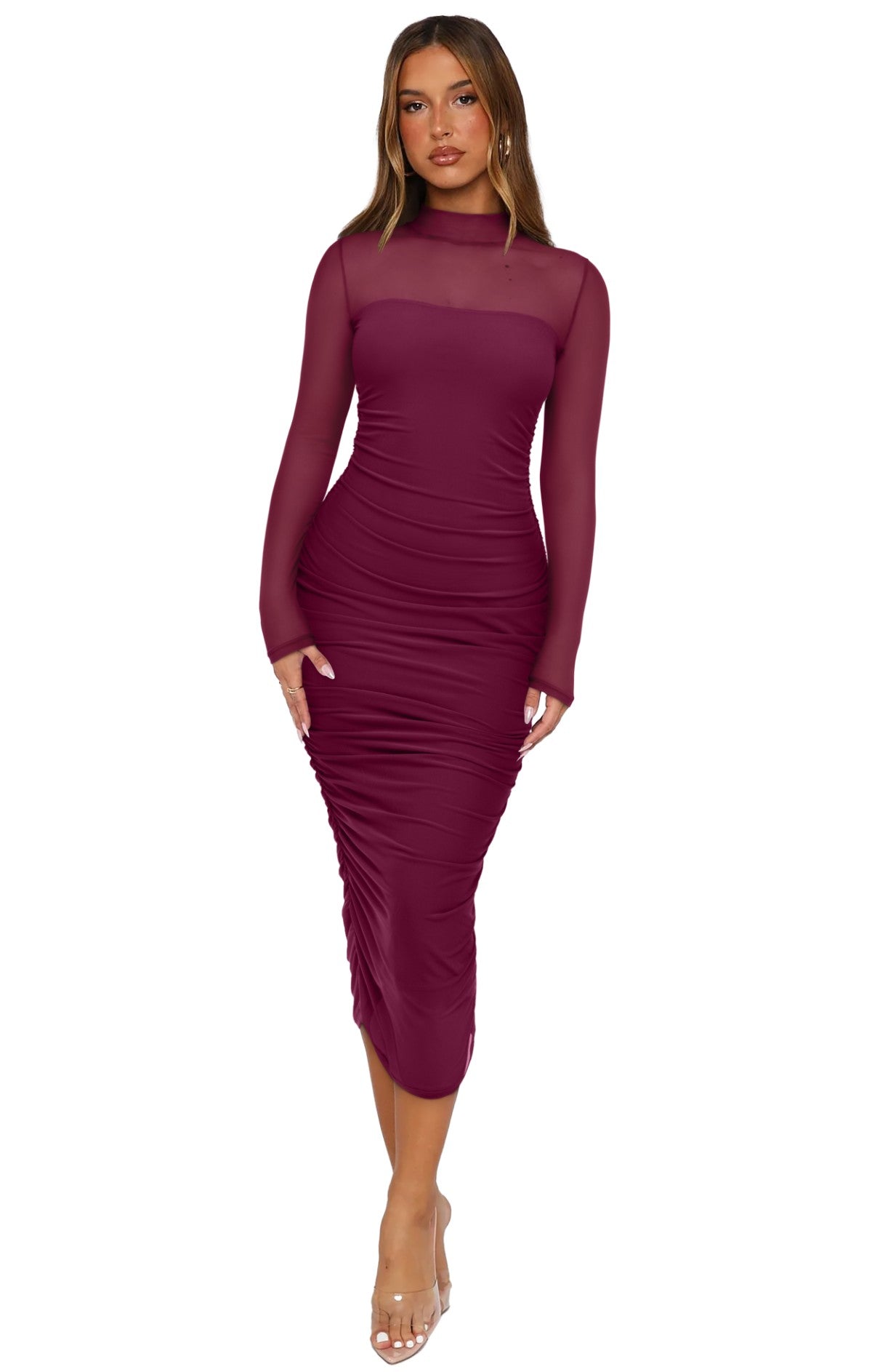 Fall Mesh Long Sleeve Midi Ruched Bodycon Dress Thyme Green / XS Fall Mesh Long Sleeve Midi Ruched Bodycon Dress Thyme Green / XS