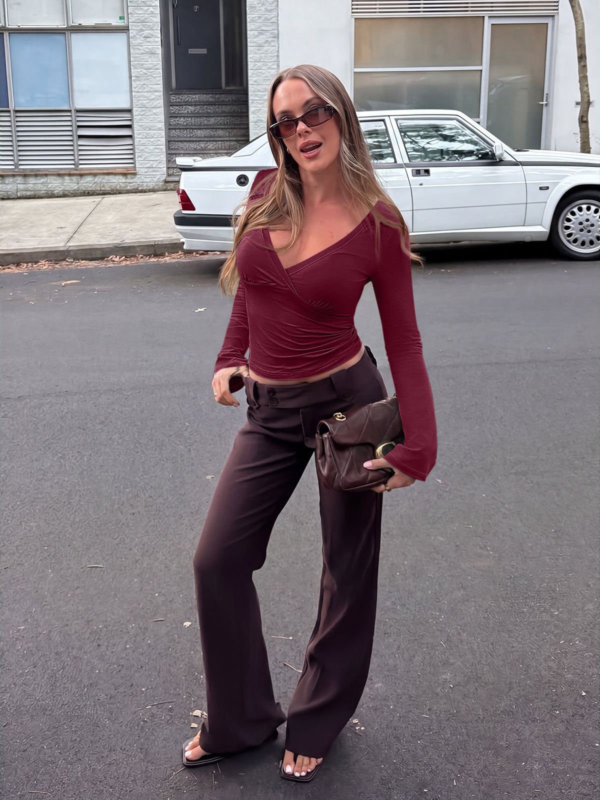 Wrap Deep V Neck Long Bell Sleeve Tops