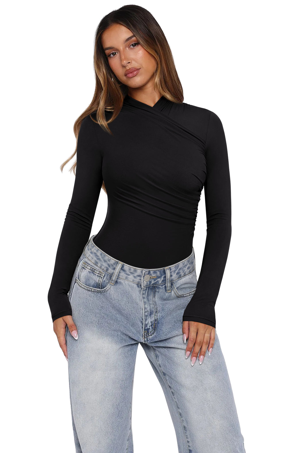 Mock Neck Ruched Sexy Wrap Bodysuit