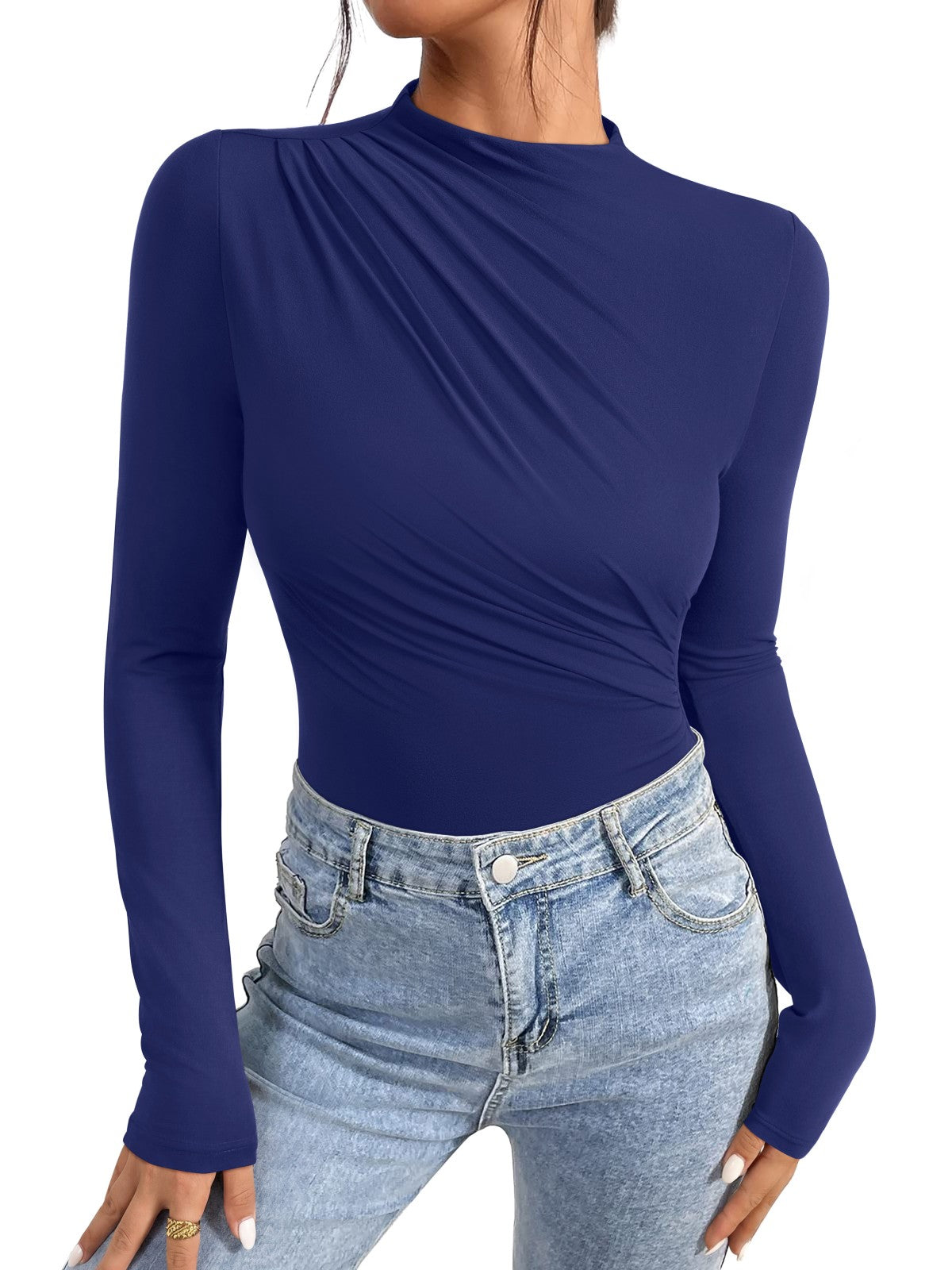 Ruched Basic Layering Mock Neck Slim Fit Bodysuit