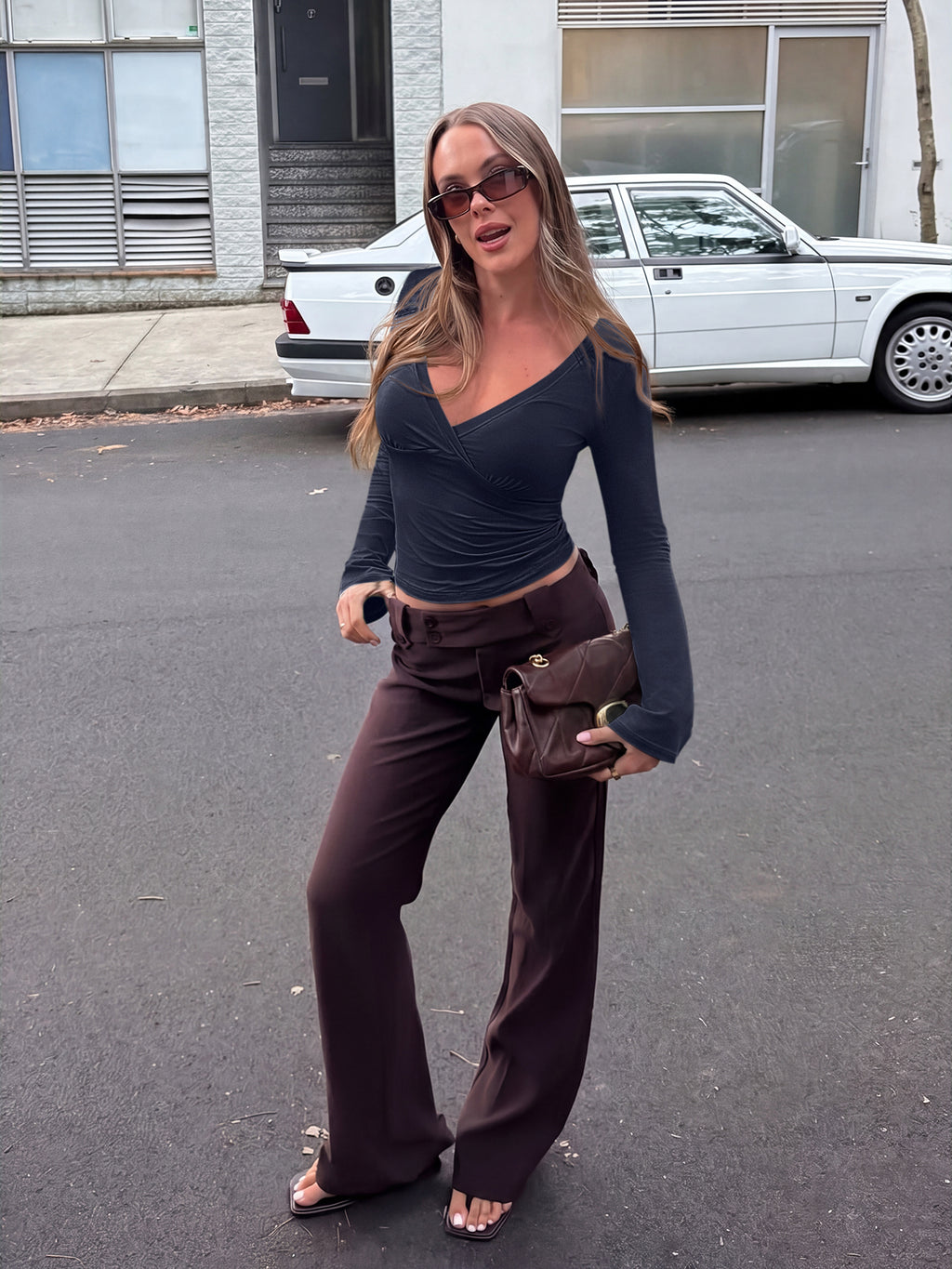 Wrap Deep V Neck Long Bell Sleeve Tops