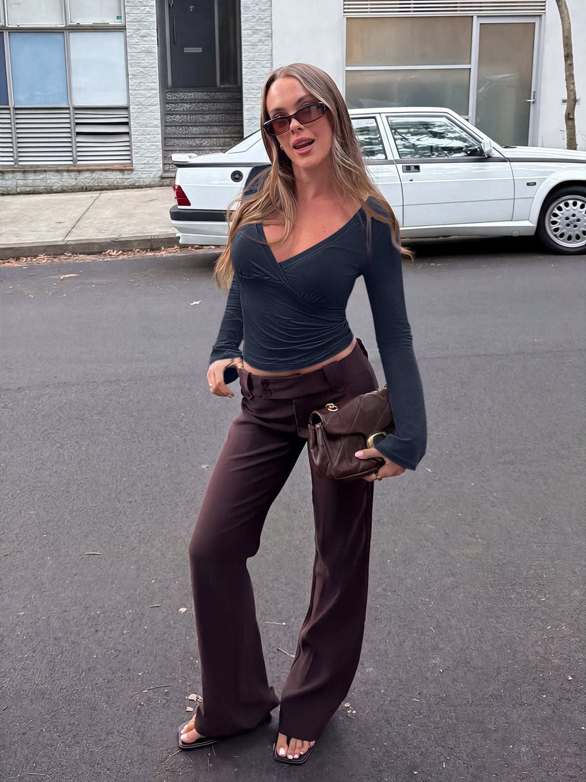 Wrap Deep V Neck Long Bell Sleeve Tops