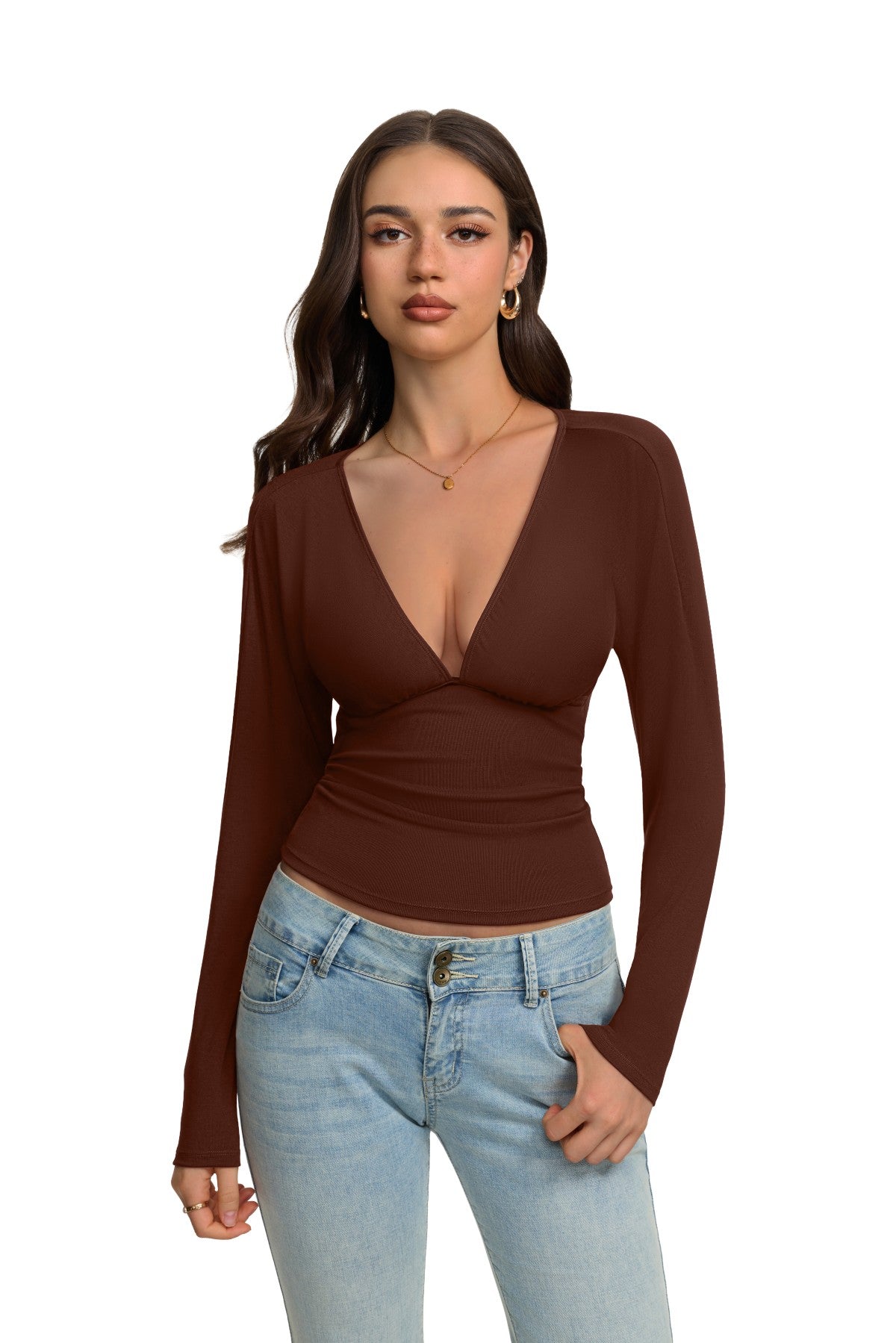 V Neck Ruched Batwing Sleeve Slim Fit Top