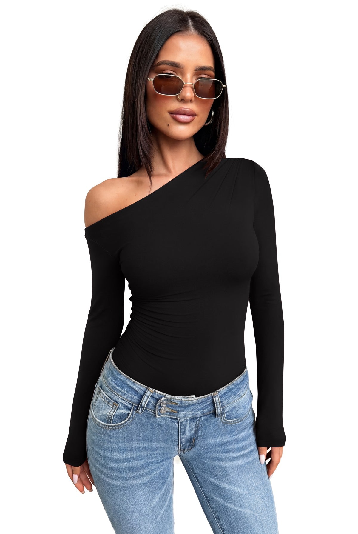 Off the Shoulder Long Sleeve Side Ruched Bodysuit