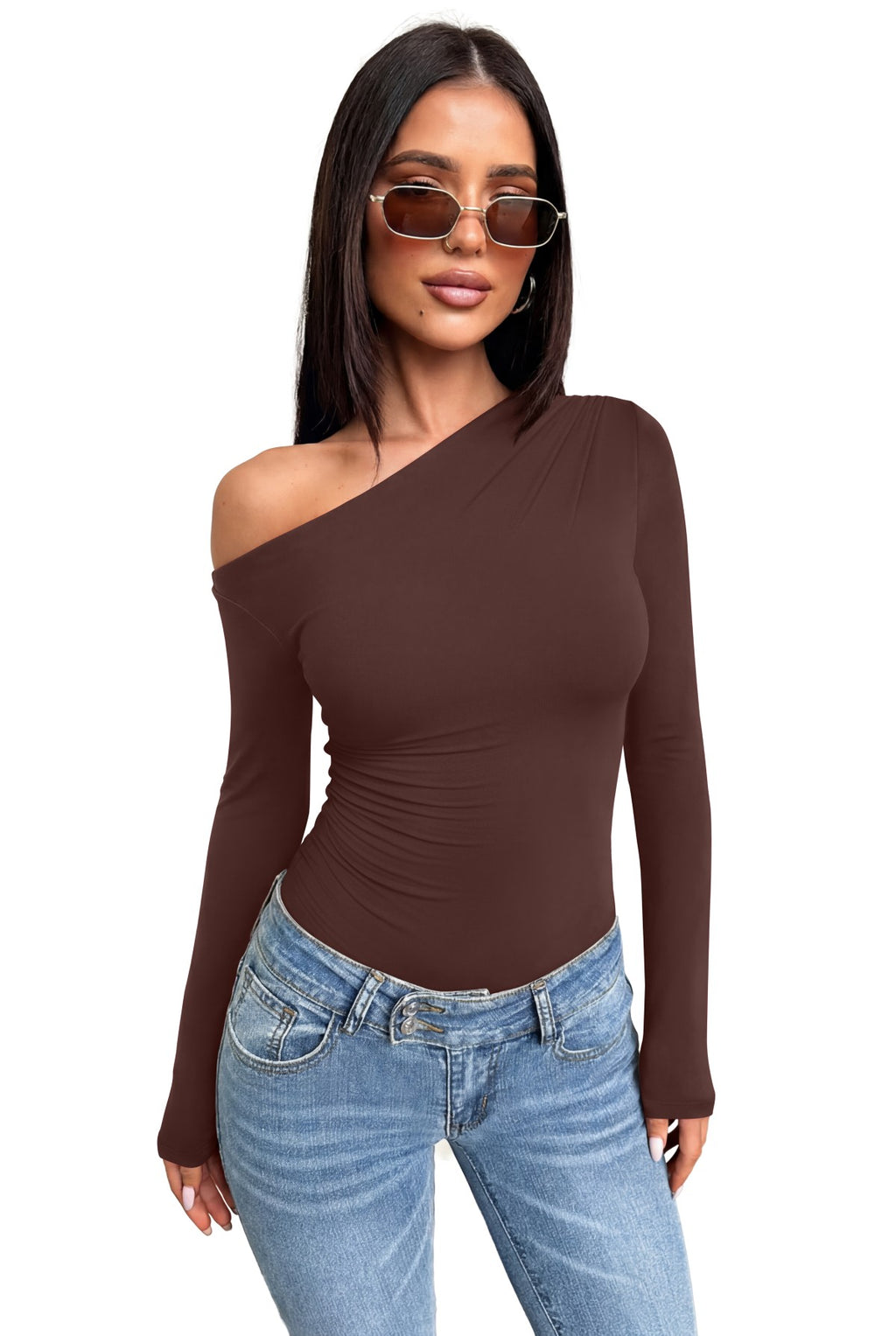 Off the Shoulder Long Sleeve Side Ruched Bodysuit