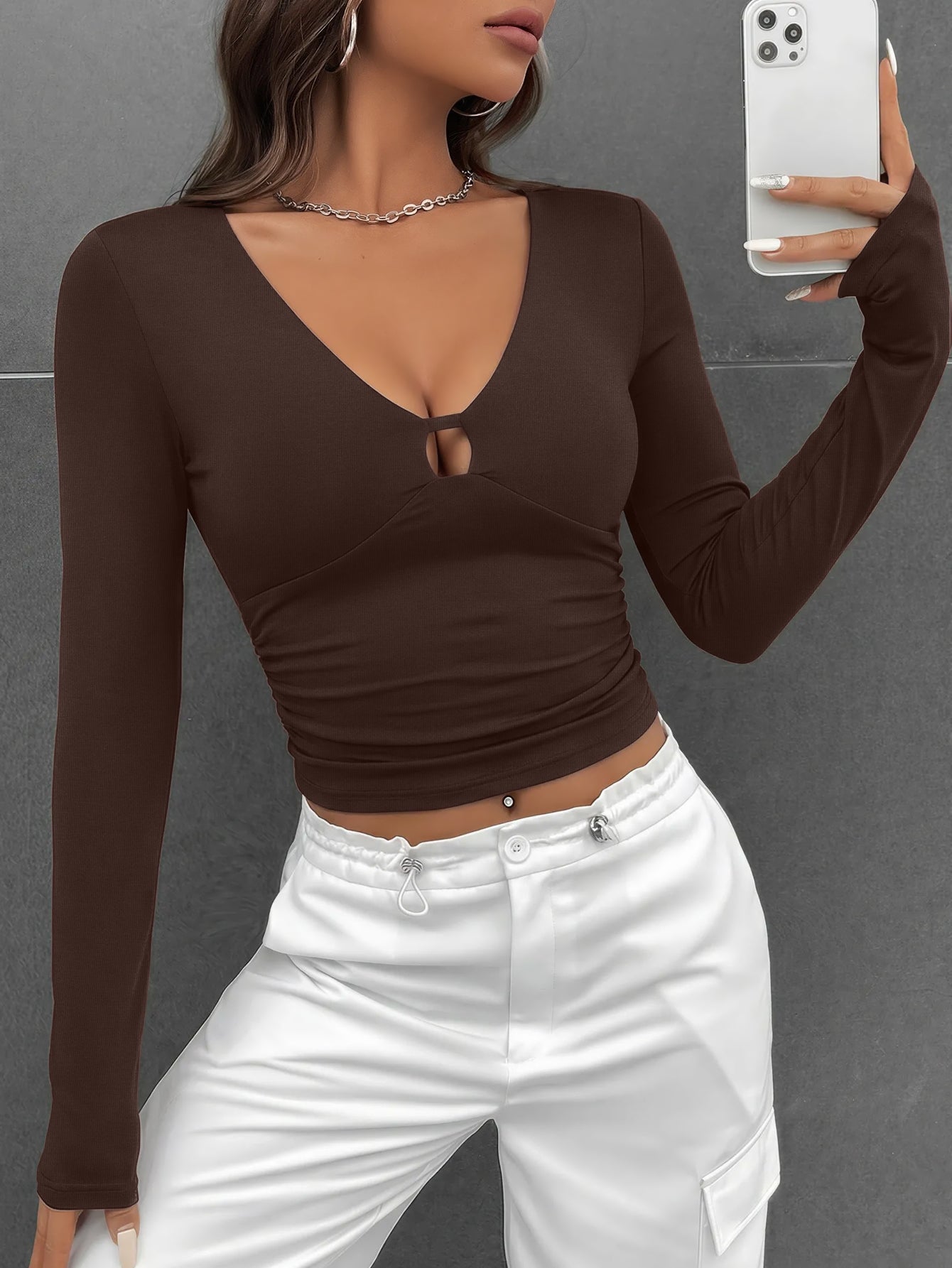 Sexy Cutout V Neck Long Sleeve Slim Fit Top