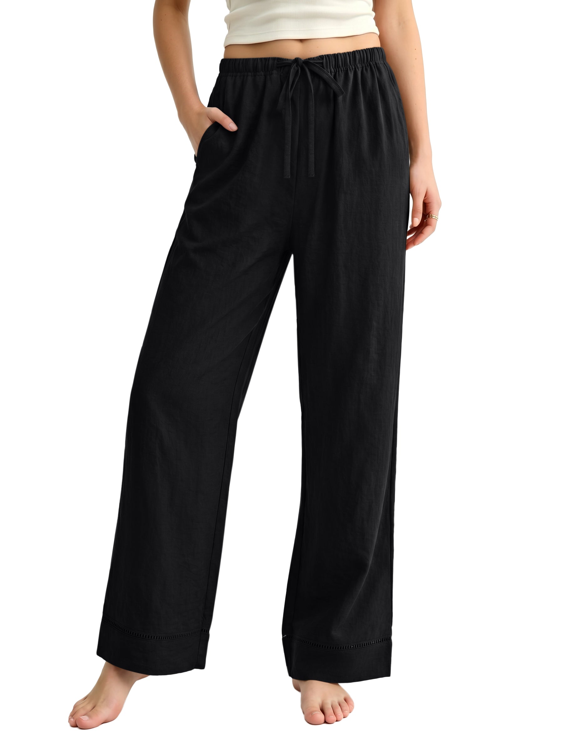 REORIA Women's Wide Leg Palazzo Pants | Drawstring Elastic Waist with Pockets