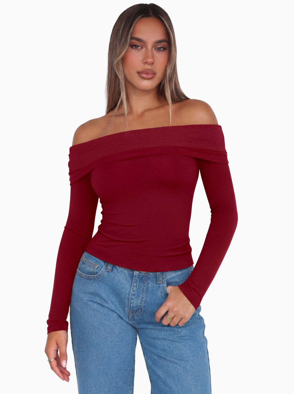 Off Shoulder Long Sleeve Mesh Slim Fit Double Lined Top