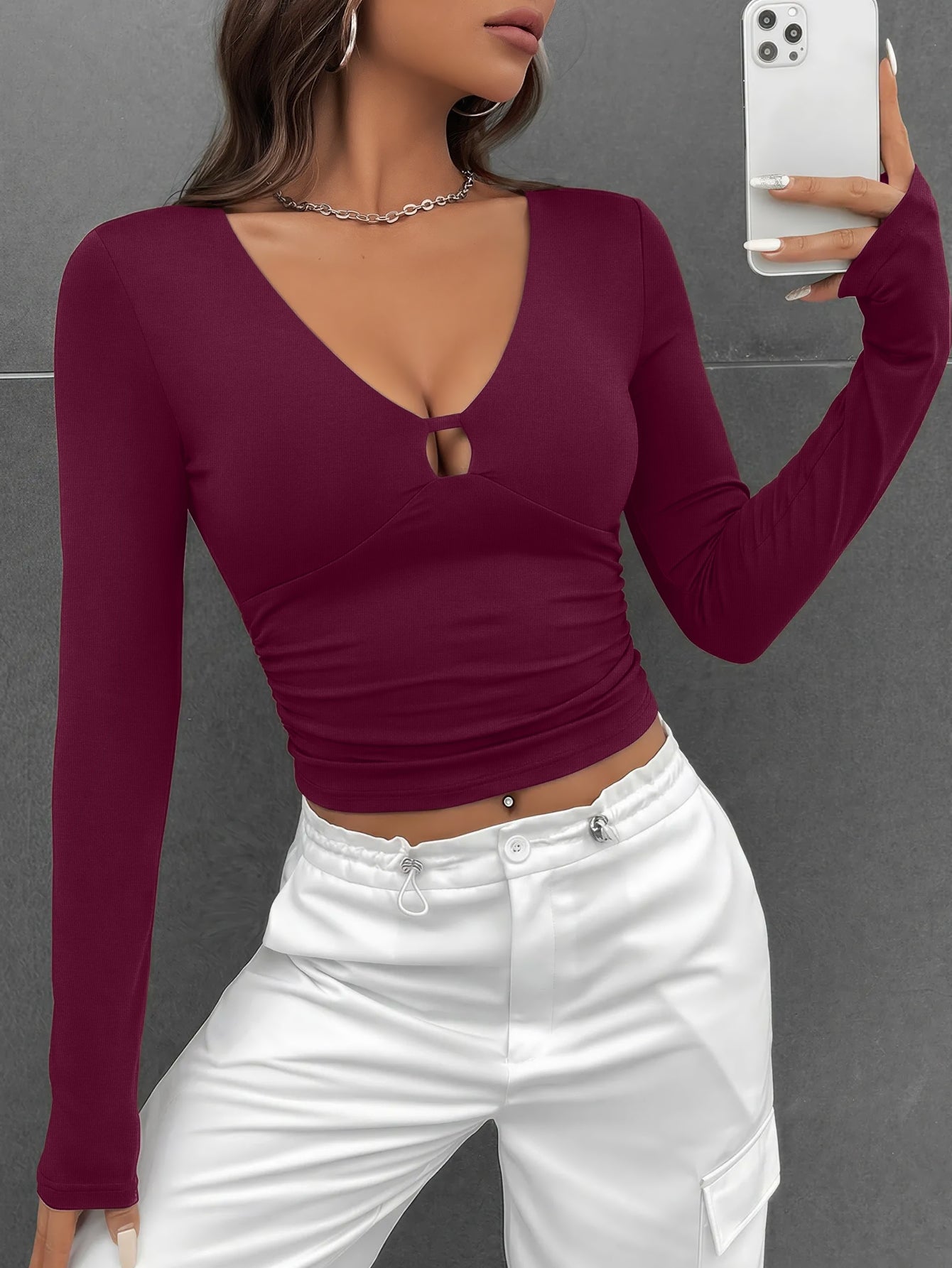 Sexy Cutout V Neck Long Sleeve Slim Fit Top