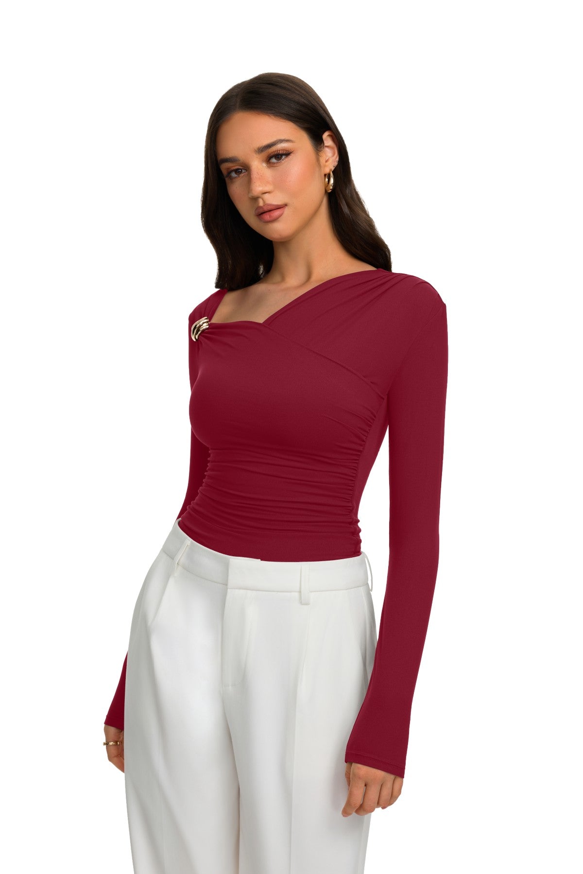 Asymmetrical Ruched Wrap Top with Gold Buckle