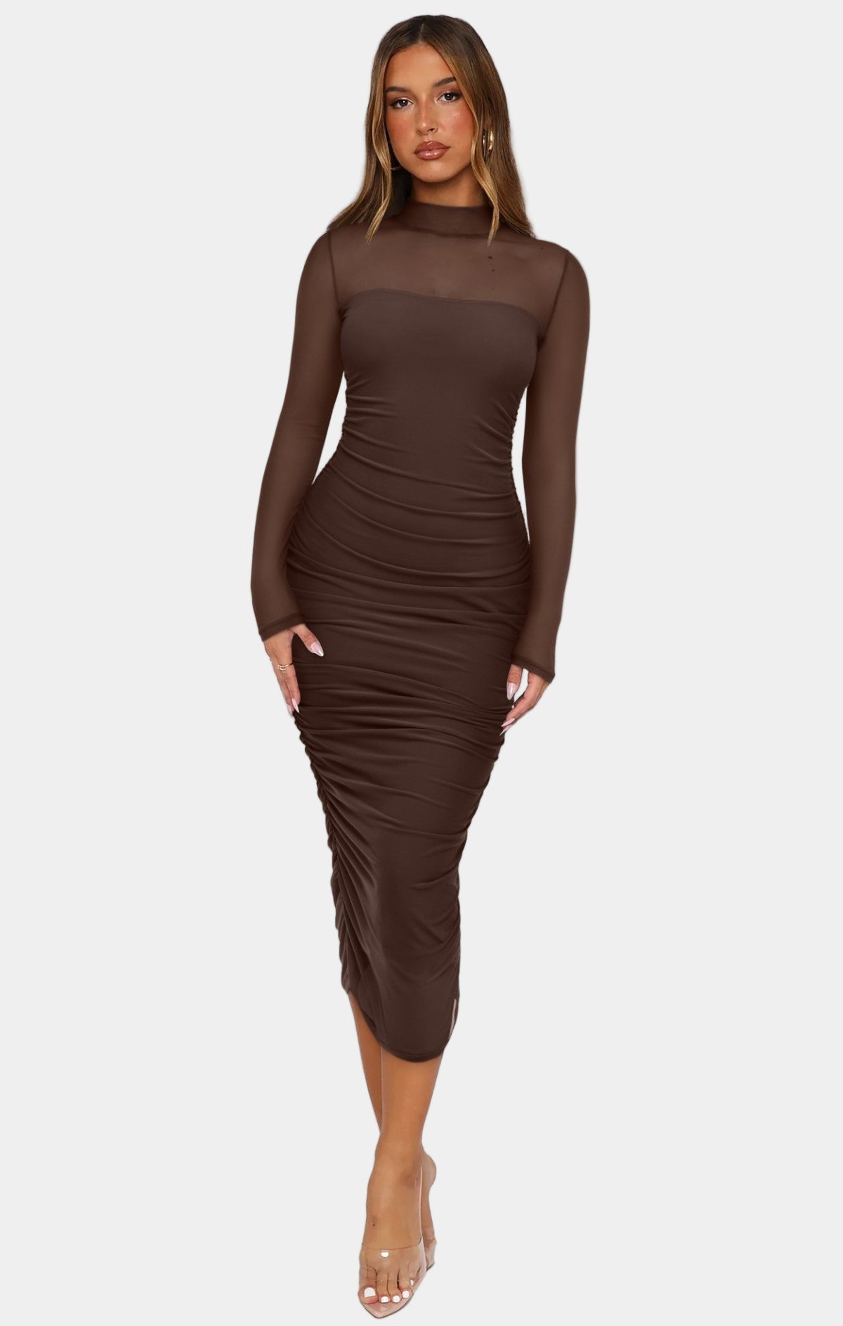 Fall Mesh Long Sleeve Midi Ruched Bodycon Dress Thyme Green / L