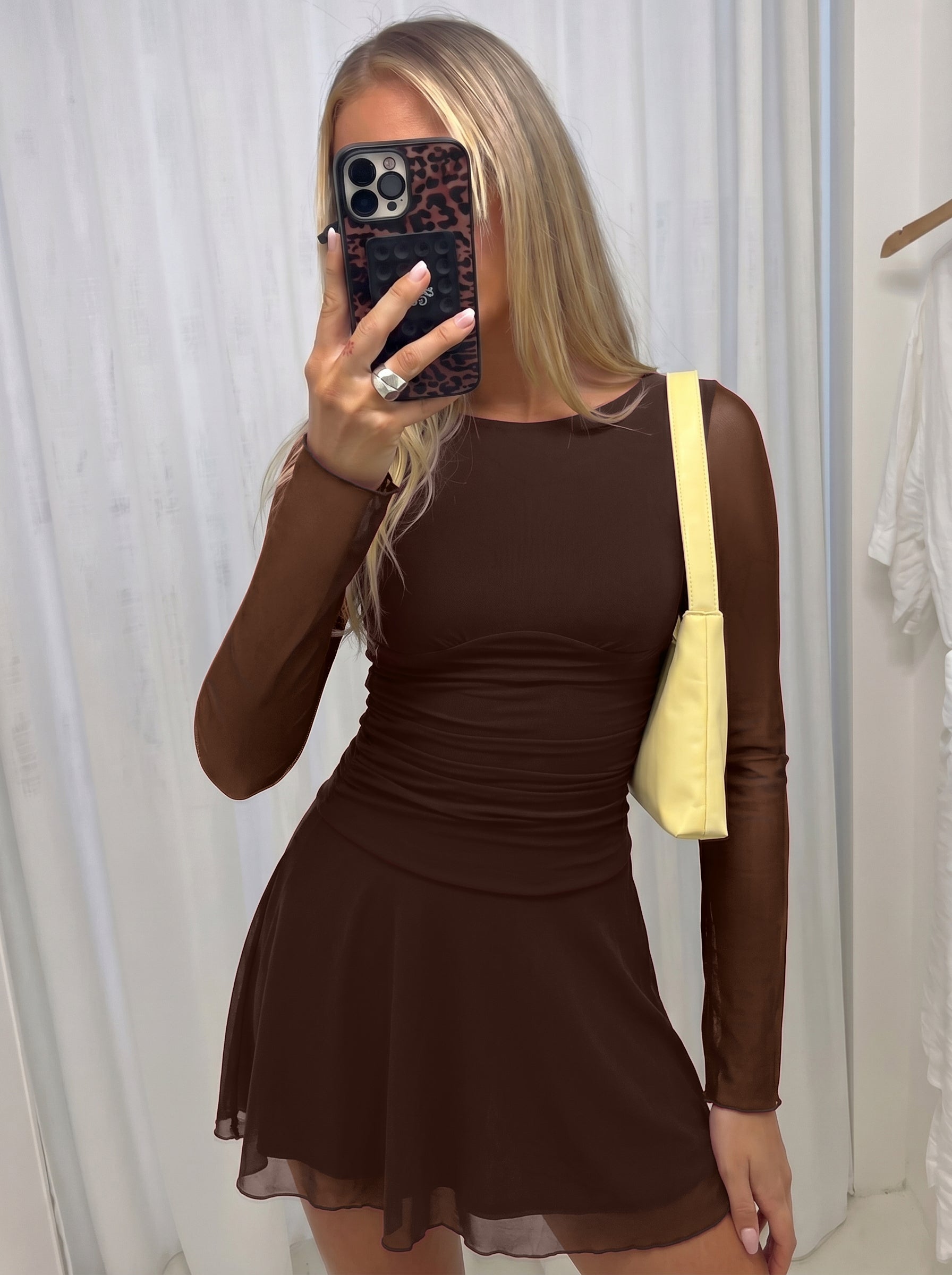 Women's Sheer Mesh Long Sleeve Mini Dress with Ruched Drop Waist