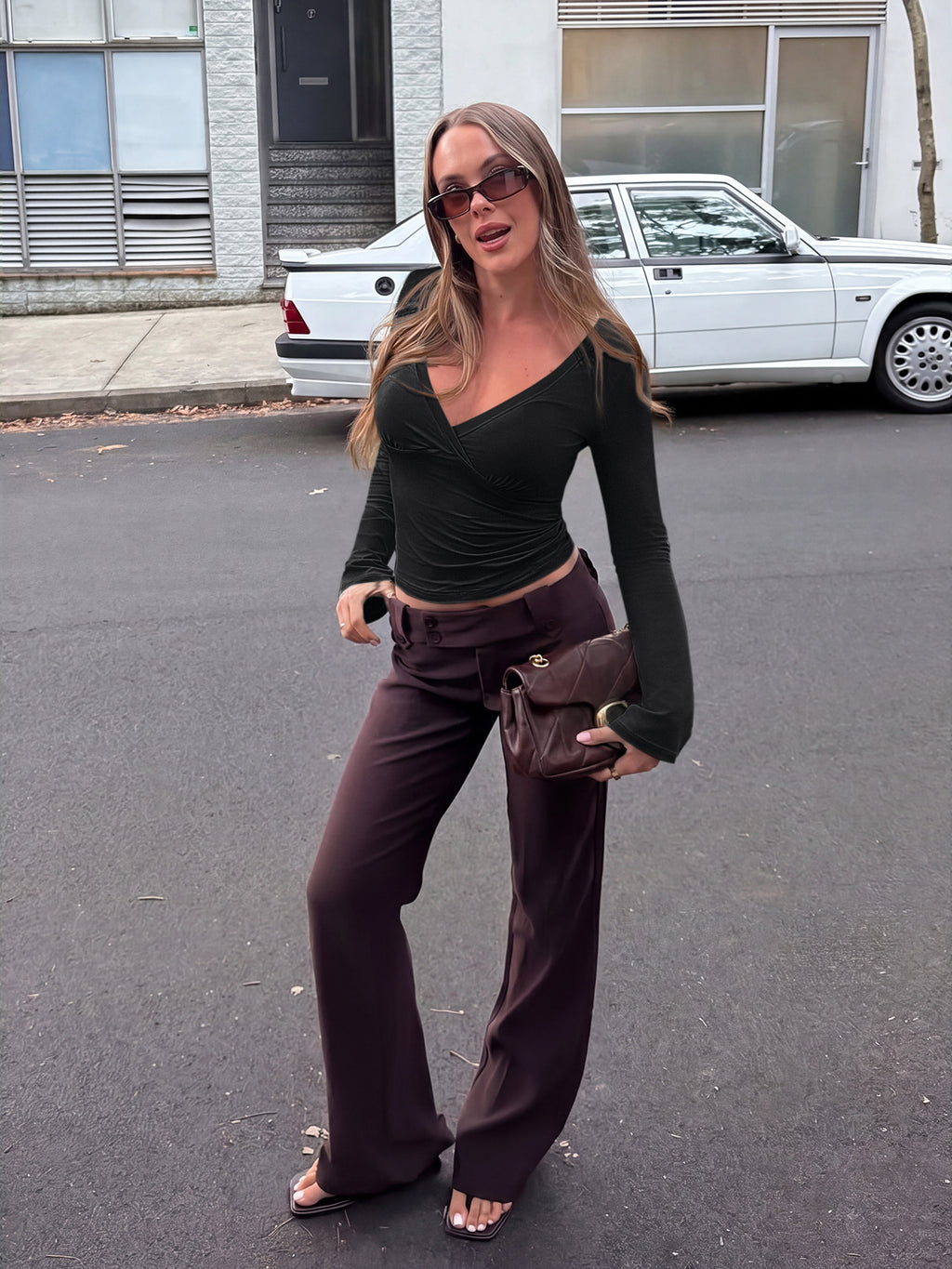 Wrap Deep V Neck Long Bell Sleeve Tops