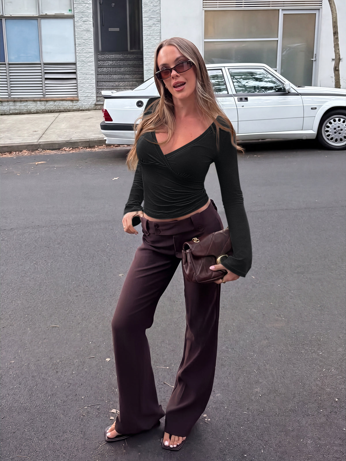 Wrap Deep V Neck Long Bell Sleeve Tops