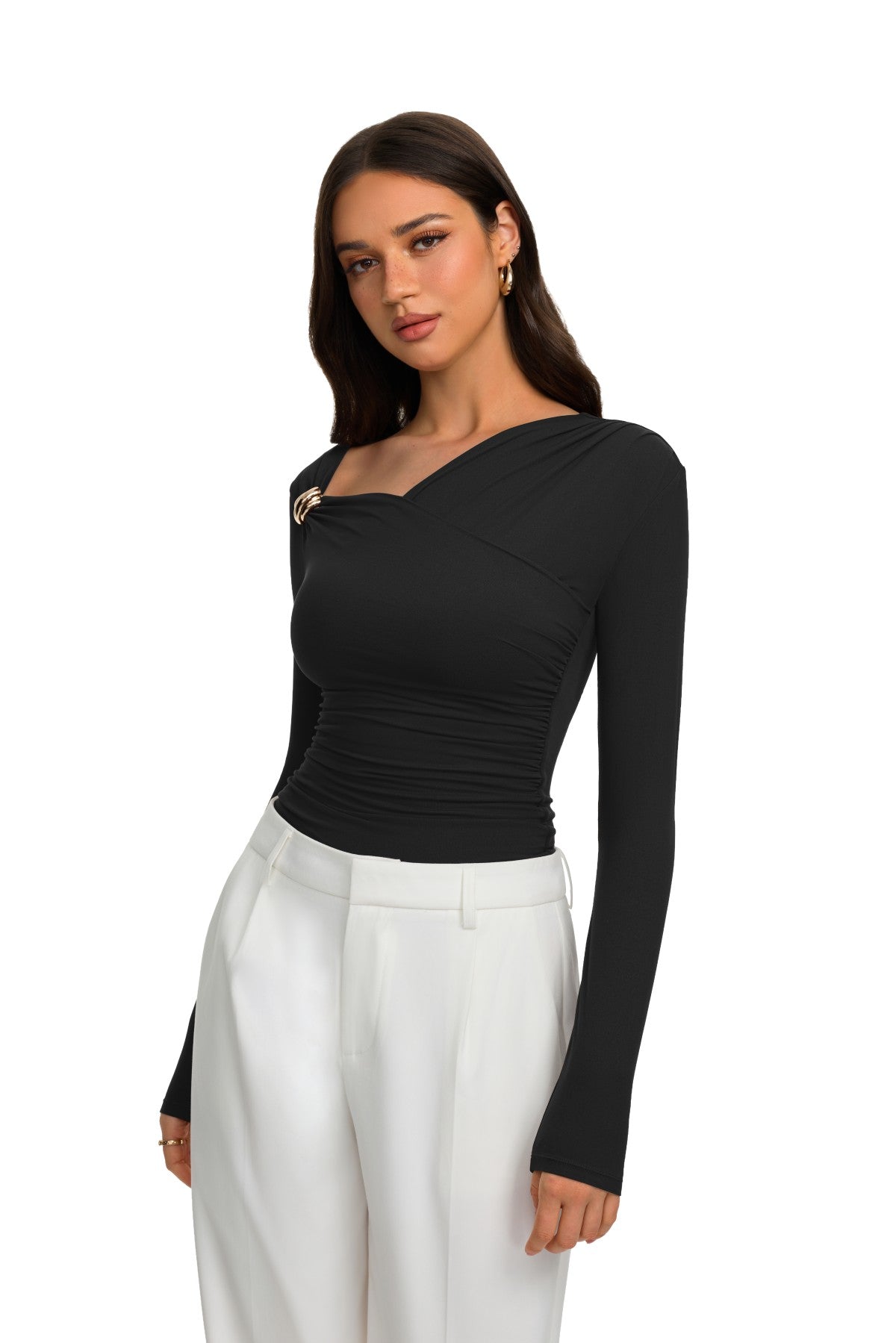 Asymmetrical Ruched Wrap Top with Gold Buckle