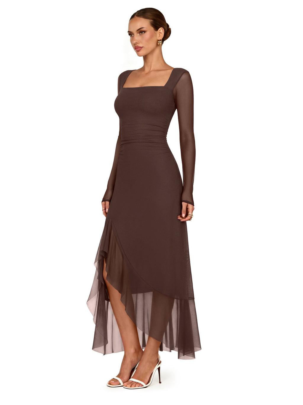 Square Neck Wedding Guest Maxi Dress | Ruched Mesh Sleeve Formal Dress