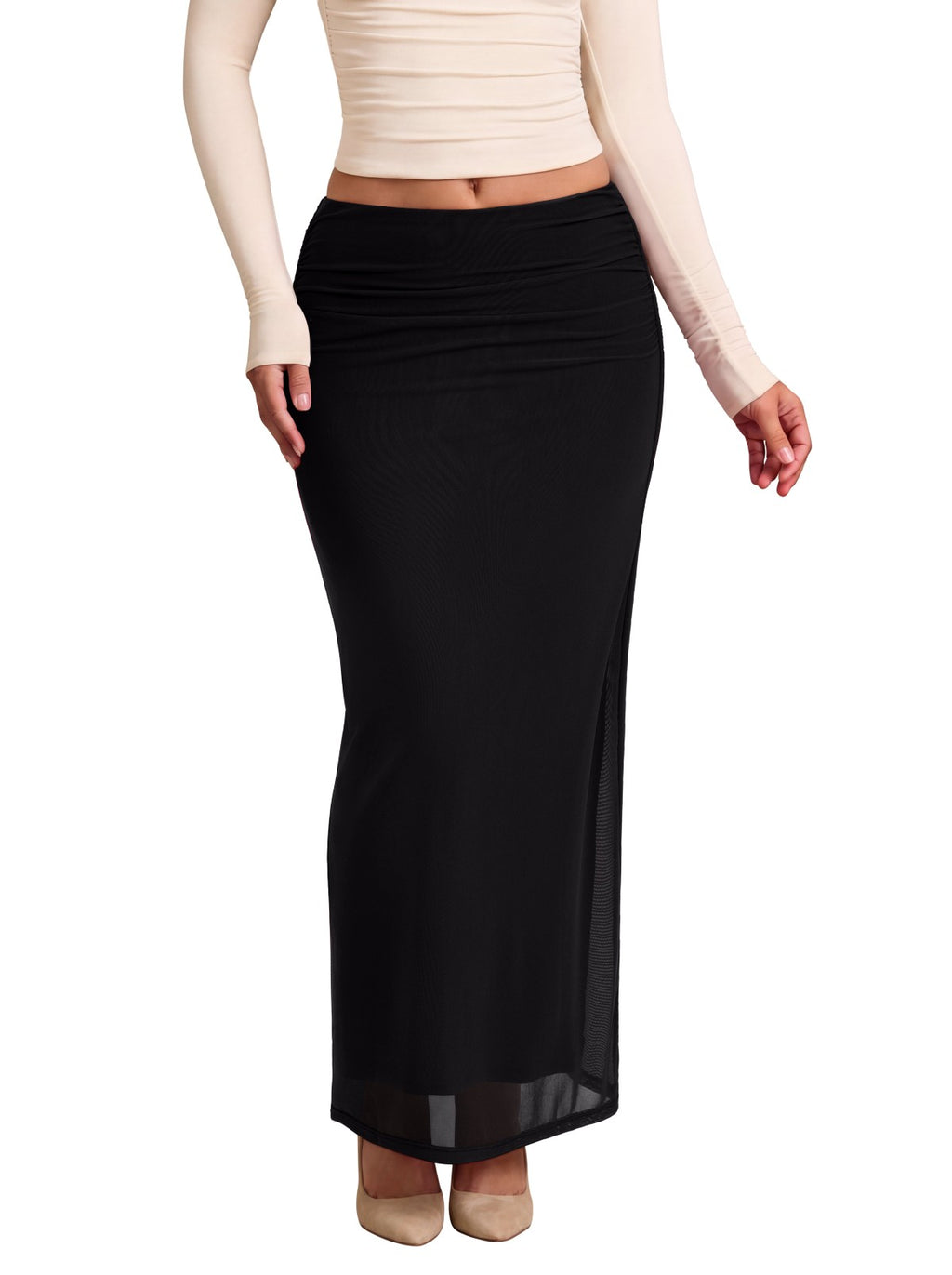 Ruched Mesh A-Line Maxi Skirt with Elastic Waist