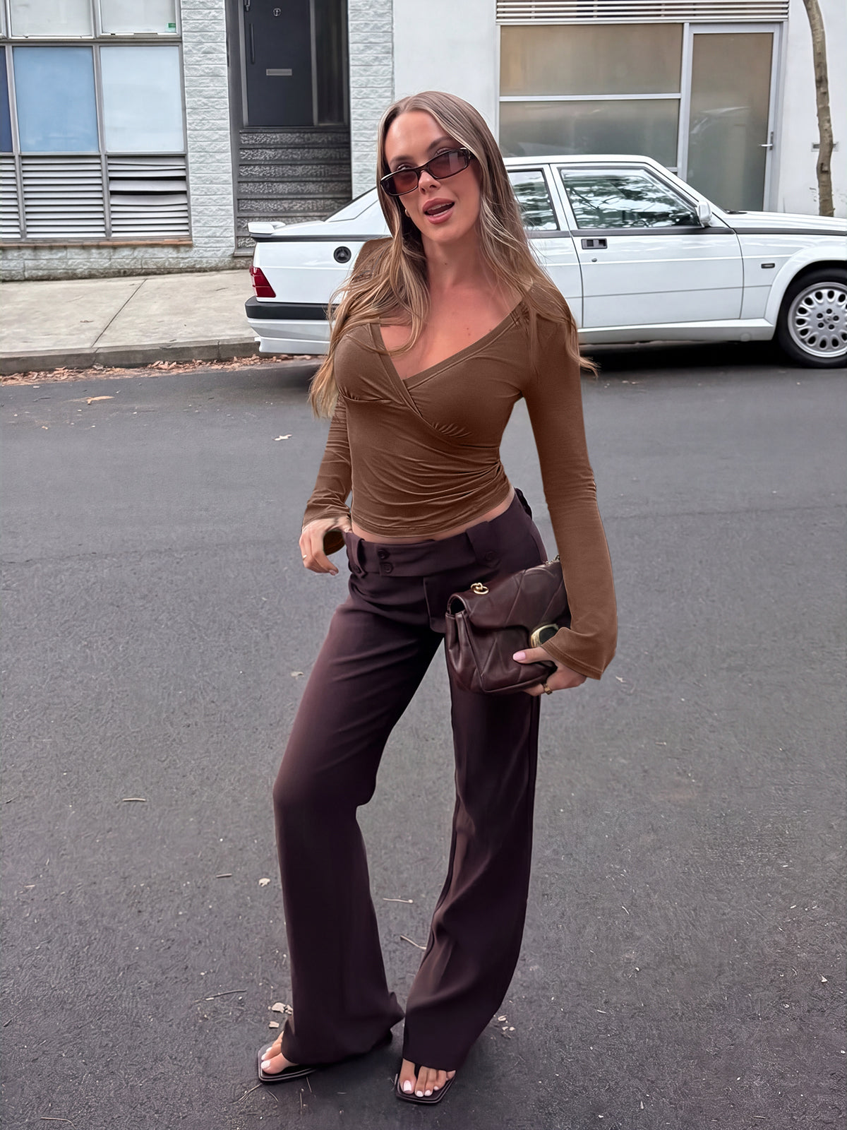 Wrap Deep V Neck Long Bell Sleeve Tops