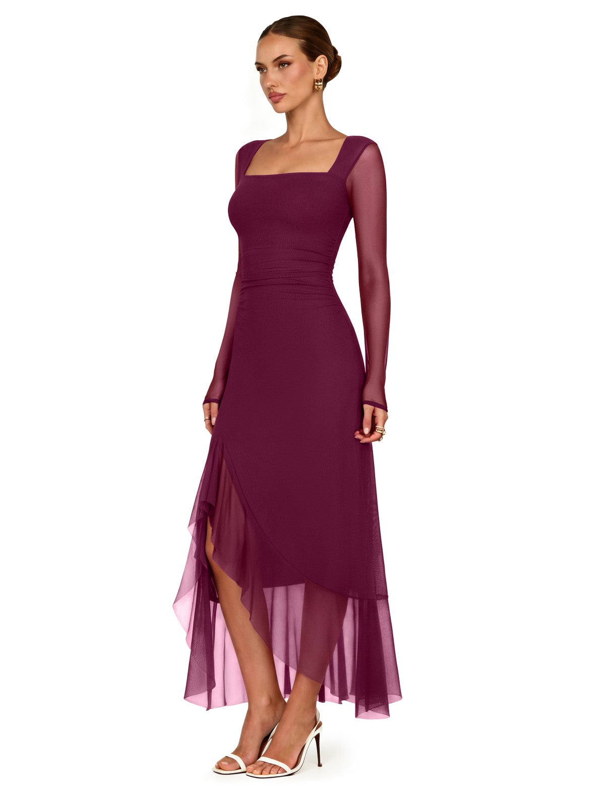 Square Neck Wedding Guest Maxi Dress | Ruched Mesh Sleeve Formal Dress