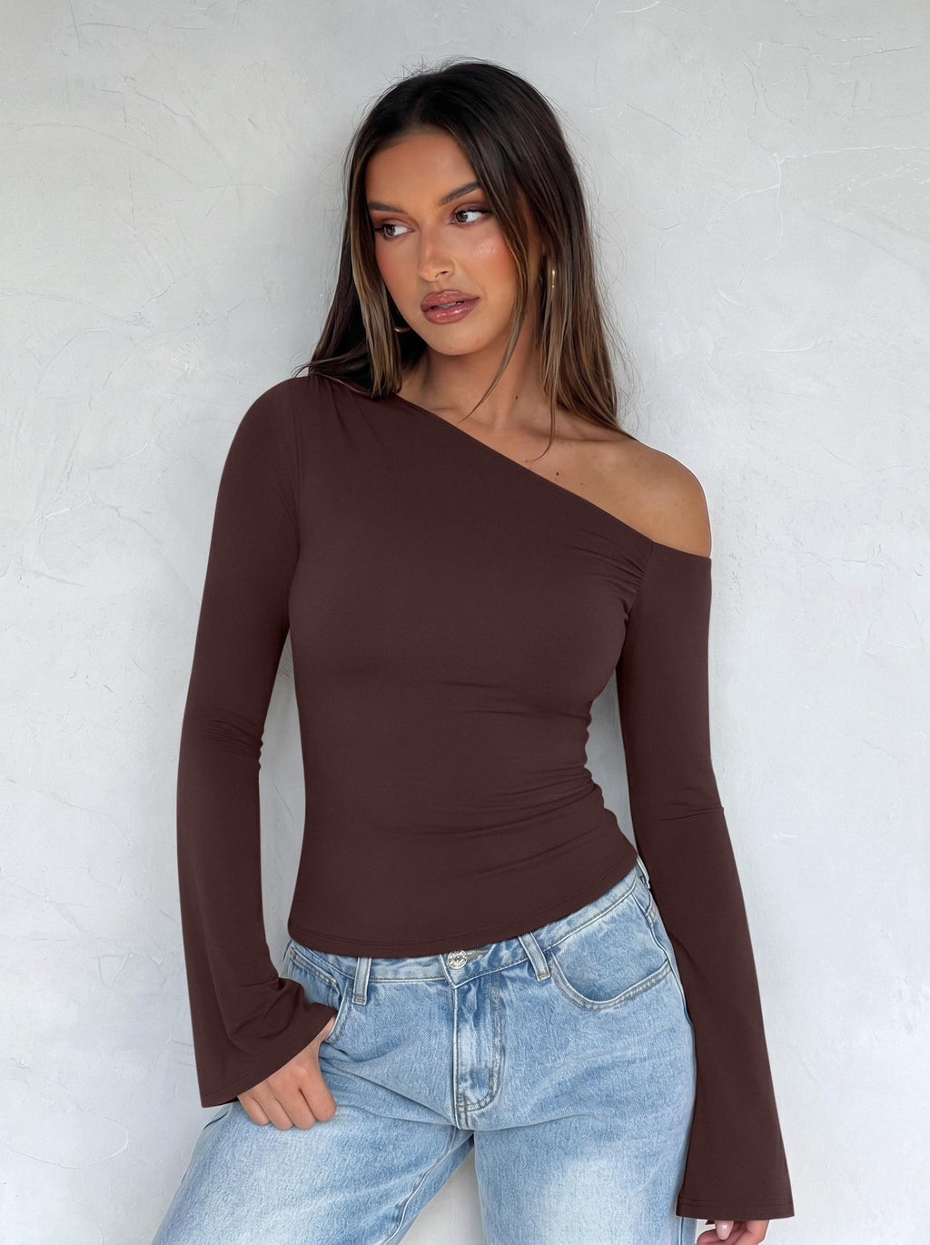 Off Shoulder Bell Sleeve Double Lined Slim Fit Top