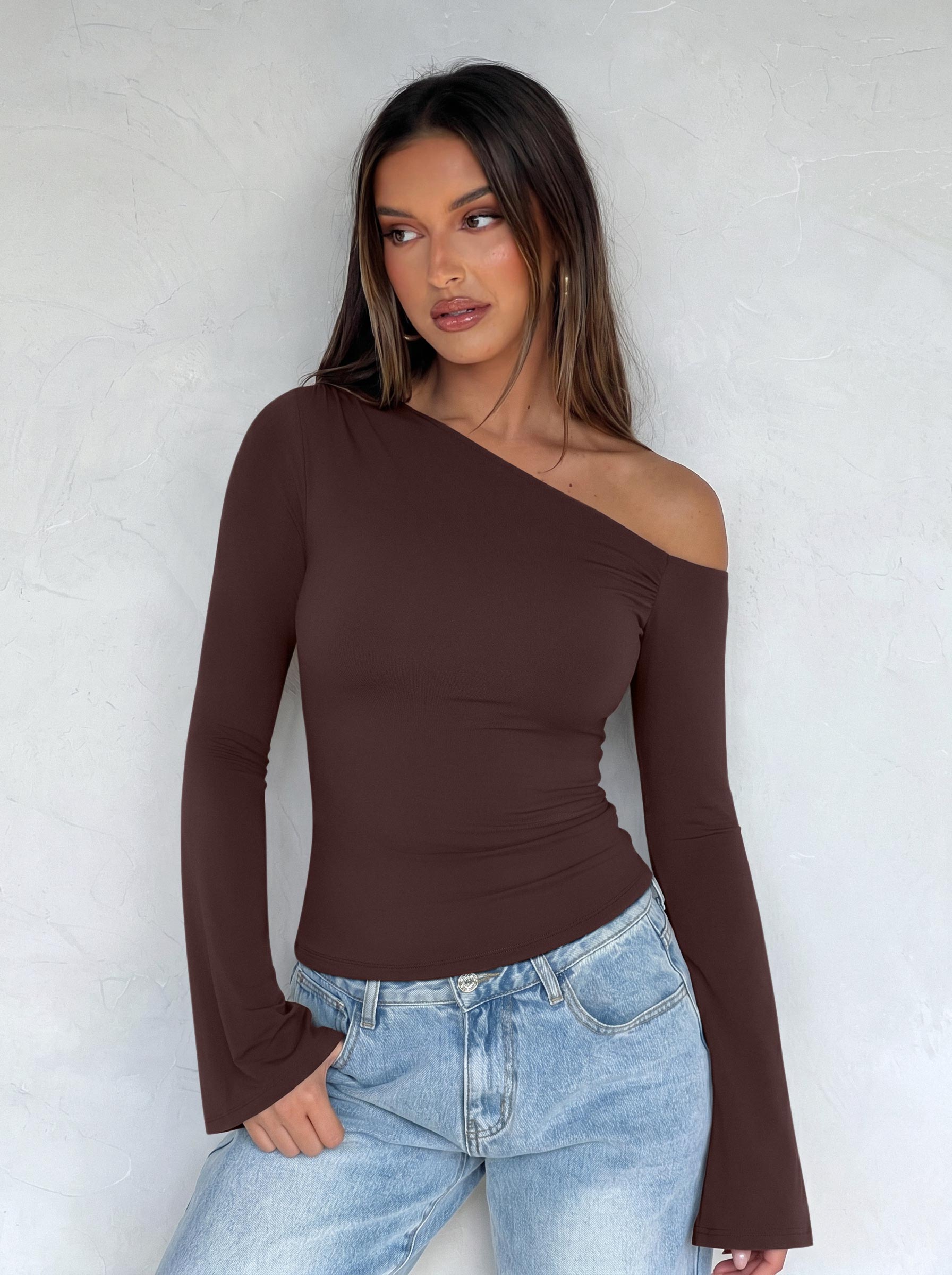 Off Shoulder Bell Sleeve Double Lined Slim Fit Top