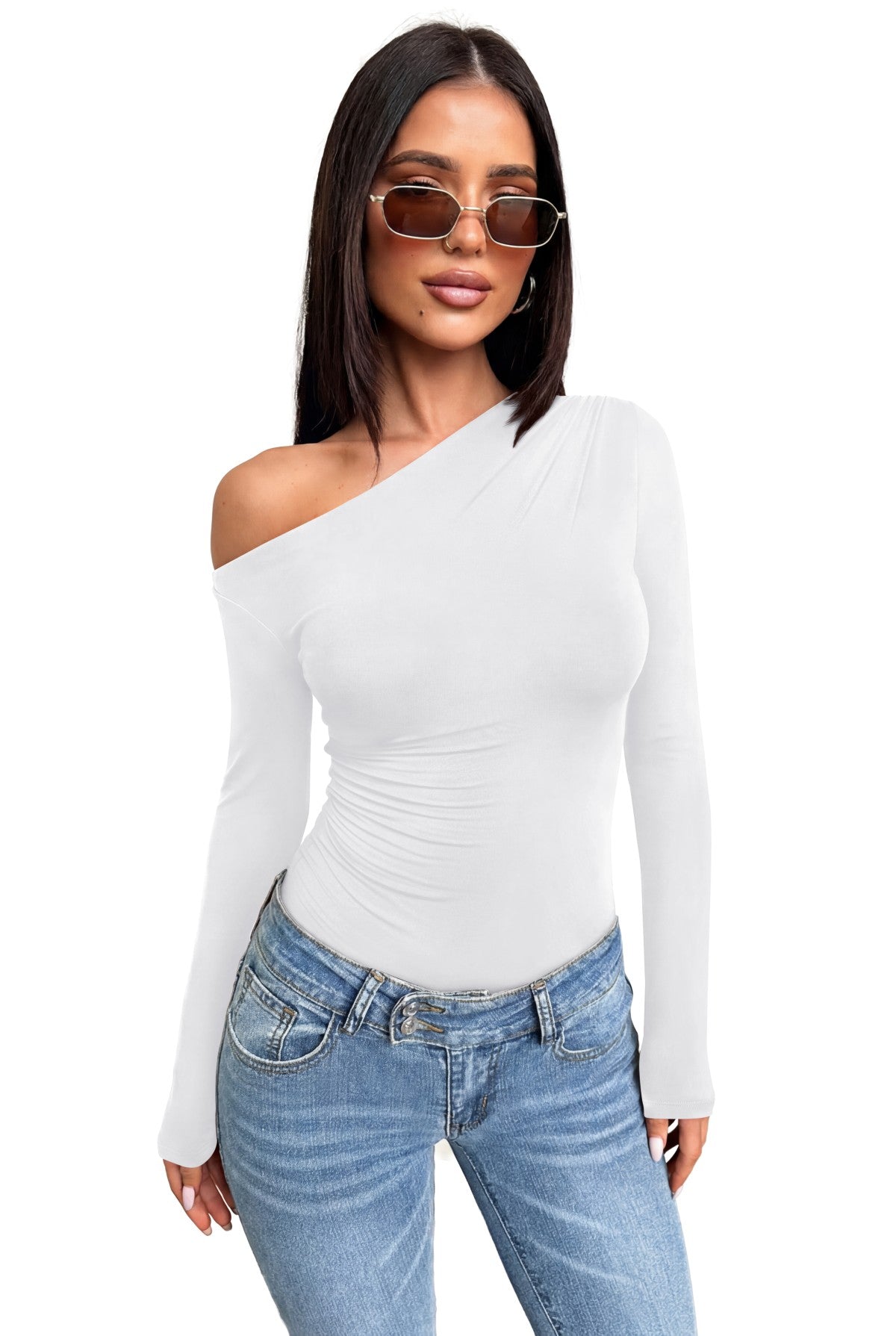 Off the Shoulder Long Sleeve Side Ruched Bodysuit